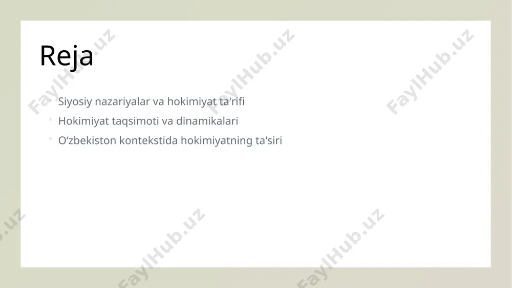 ayonlar, iqtisodiy o'zgarishlar va fuqarolik jamiyati faolligi bilan bog'liq ravishda rivojlanadi. hokimiyat taqsimoti: nazariy asoslari va amaliy misollar. hokimiyat taqsimoti hokimiyat taqsimoti, davlat va jamiyatdagi hokimiyat manbalarini va ularning o'zaro ta'sirini aniqlashda muhim rol o'ynaydi. nazariy asoslar hokimiyat taqsimoti nazariyalarga ko'ra, kuchlar ayrim organlar va institutlar o'rtasida taqsimlangan bo'lib, bu demokratik tizimlarni mustahkamlashga yordam beradi. amaliy misollar o'zbekistonda hokimiyat taqsimoti, prezident, parlament va sudlar o'rtasida bo'lib, bu ijtimoiy barqarorlikni ta'minlaydi va fuqarolar huquqlarini himoya qiladi. hokimiyat dinamikalari: o'zaro ta'sir va o'zgarishlar jarayoni. 1 hokimiyatning mohiyati hokimiyat dinamikasi hokimiyatning qanday ishlashini, uning ijtimoiy va siyosiy kontekstdagi rolini belgilaydi, o'zgarishlar jarayonini tushunishga yordam beradi. 2 o'zaro ta'sir hokimiyat dinamikalarida turli ijtimoiy guruhlar va davlat o'rtasidagi o'zaro ta'sir muhim rol o'ynaydi, bu esa siyosiy qarorlarni shakllantiradi. 3 o'zgarishlar jarayoni siyosat va hokimiyat strukturasidagi o'zgarishlar jarayoni, ijtimoiy harakatlar va yangiliklarga qarab rivojlanadi, bu jarayon ko'plab omillarga bog'liq. 4 o'zbekiston konteksti o'zbekistonda hokimiyat dinamikalari, milliy …