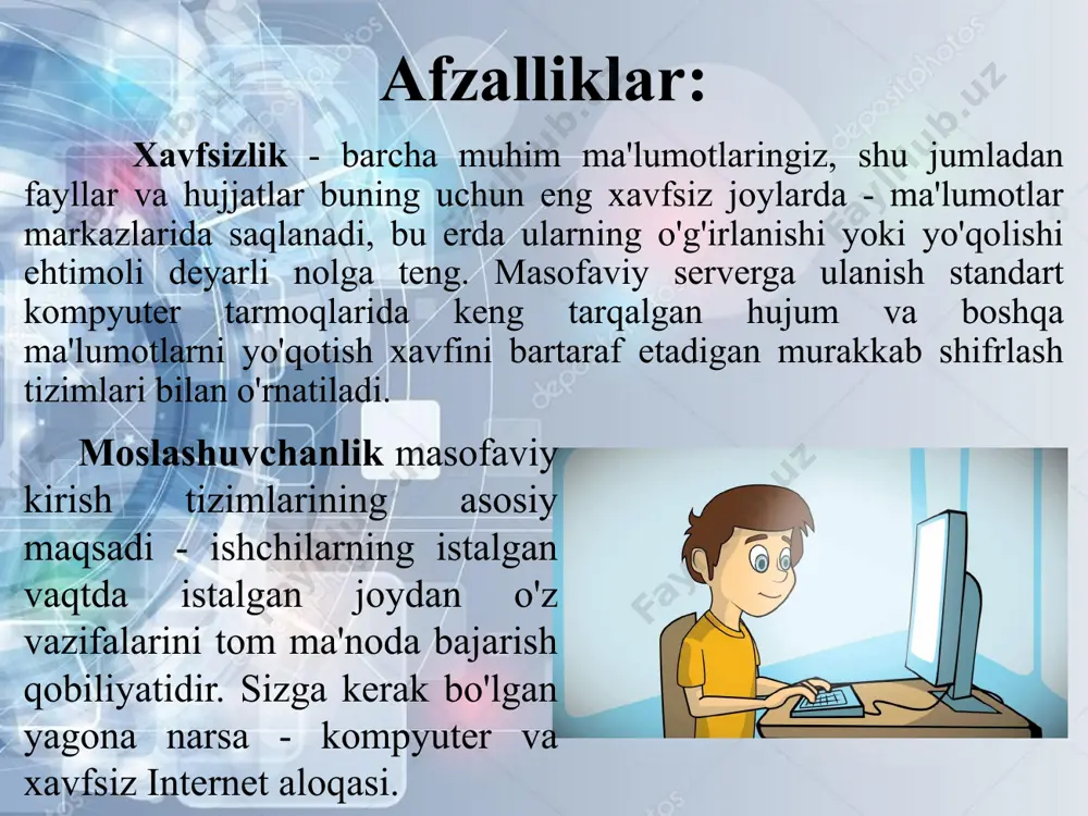 o'ladi, lekin agar kompyuter mahalliy tarmoqda joylashgan bo'lsa, siz unga faqat maxsus masofaviy kirish dasturlari yordamida tashqi tomondan ulanishingiz mumkin. bunday dasturiy ta'minot dunyoning istalgan nuqtasidan boshqa kompyuterga ulanish imkonini beradi. dasturlar ish stolini ko'rish va masofaviy qurilmada barcha amallarni bajarish, dasturiy ta'minot sozlamalarini o'zgartirish, fayllarni almashish, chop etish ekranlarini olish, uzatilgan ma'lumotlarni shifrlash, konferentsiyalar o'tkazish, veb-kameralarni, masofaviy proyektorlarni va boshqa tarmoq qurilmalarini ulash imkonini beradi. soft home portaliga ko'ra eng yaxshi 5 ta masofaviy kirish dasturlari quyidagilar: video va ovozli qo'ng'iroqlar va suhbatdan tashqari, teamviewer fayllarni uzatish, wol (wake-on-lan) texnologiyasini qo'llab-quvvatlaydi va u orqali siz hatto kompyuteringizni xavfsiz rejimda ishga tushirishingiz va keyin avtomatik ravishda qayta ulanishingiz mumkin. teamviewer. yuqori darajadagi xavfsizlik, foydalanish qulayligi, ko'p monitorli rejim. narx ish stoli soniga bog'liq (200 aqsh dollaridan). router yoki xavfsizlik devori sozlamalari talab qilinmaydi. radmin. katta funksionallikka ega rus dasturiy ta'minoti. bepul versiyalar mavjud emas. ammi admin. yuqori tezlik, ovozli suhbat, …