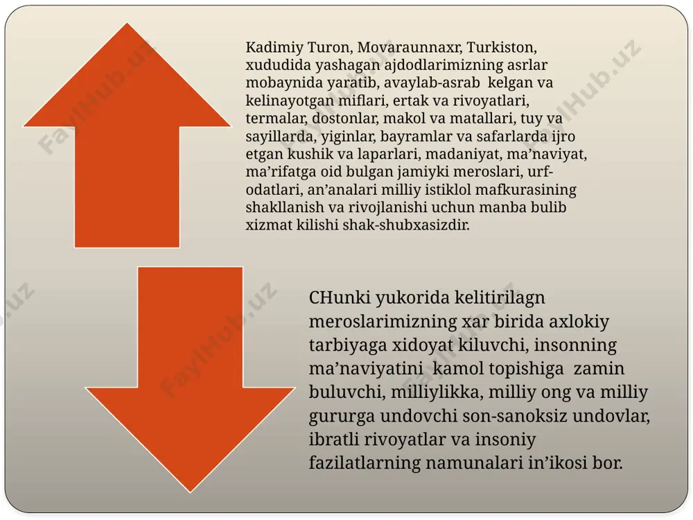ilmu ma’rifatga, odob-axlokka, insofu diyonatga, ezgulikka da’vat etadigan goyalar, karashlar, fikr muloxazalar shu kadar kupki, ularning xar biri bugungi kunda mustakillikni mustaxkamlash va ximoya etishda, kishilar ongi va tafakkurida milliy goyalarimizni singdirib komil inson tarbiyasiga zamin yaratmokda. «avesto»da kayd etilgan ma’naviy-axlokiy koidalardan biri insonni mexnat kilishga, uz kullari bilan moddiy boyliklar, farovon xayot kechirishga da’vat etilganligidir. undagi ma’naviyat va ma’rifat xakidagi ta’limotga kura, mexnat kilish barcha ezguliklarning asosi, insoniylik belgisidir. bir suz bilan aytganda xalk ogzaki ijodi ijtimoiy va xalk pedagogikasining asosiy manbalaridan biri bulib, u bugungi milliy istiklol mafkurasini shark xalklarining-ajdodlarimizning akl va tafakkuri, odob-axloki, madaniyati, ma’anviyati, ma’rifati, boy xayotiy tajribalarining majmuasidan iborat bulgan makollar, aforizmlar, xikmatlardagi ta’limotlar va umumbashariy kadriyatlarni xam uzida aks ettirgan xolda yuksak darajaga kutaradi va boyitadi. chunki, unda xalk donoligi-donishmandligi mujassam. xalk xikmatlari zamirida insonparvarlik, xalkparvarlik, vatanparvarlik goyalari ustivorlik kiladi. mexnatga, el-yurtga muxabbat, poklik, xalollik, tugrilik, rostguylik, saxiylik kabi insoniy sifat va xislatlar targib …