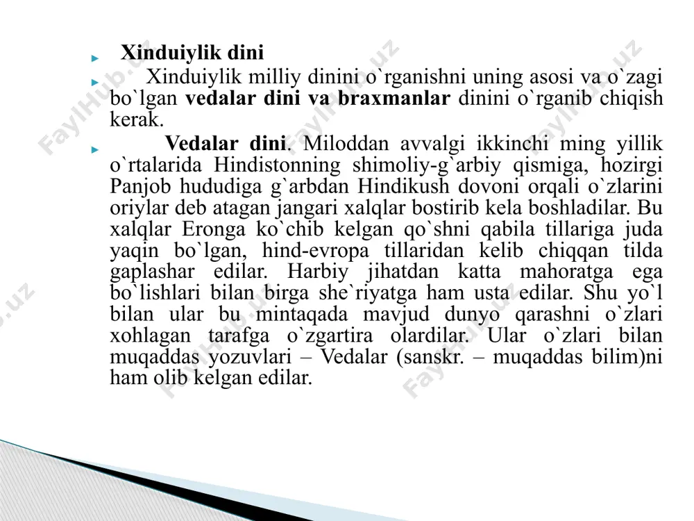 elementlarini, braxmanizm, buddizm va jaynizmning asosiy g'oyalarini qamrab olgan. . h i n d u i z m hinduiylik ko`pxudolik dini bo`lib, unda braxmanlikdagi asosiy uch xudo tan olinadi; 1) koinotning yaratuvchisi bo`lgan braxma 2) dunyo nizomini ushlab turuvchi vishnu 3) koinotni halok qilish qudratiga ega shiva. braxmanlikda tan olingan uch asosiy hudo braxma vishnu shiva hinduizmda trimurti (uchlik) – braxma, vishnu, shiva xudolari asosiy xudolar sanalib, braxma ularning eng kattasi – dunyoni yaratgan xudo hisoblanadi. biroq, hinduizmda faqatgina vishnu va shivagagina sig’inadilar. shunga binoan, hinduizm ikki asosiy oqimga bo’linadi: shivaga sig’inuvchilar va vishnuga sig’inuvchilar. trimurti (uchlik) braxma vishnu shiva hinduizmdagi asosiy oqimlar shivaga sig’inuvchilar vishnuga sig’inuvchilar shiva oddiy xalq ommasi – kambag’allarning ilohiyati hisoblanadi. u rigvedaning birinchi nusxalarida rudra nomi bilan zikr etilgan. atxarvavedada rudraning roli oshib boradi. yajurvedada rudra agni timsolida berilgan. u ishana, ishvara, maxadeva (buyuk xudo) nomlari bilan ham ataladi. vishnu – hozirgi hindiston panteonida birinchilik …