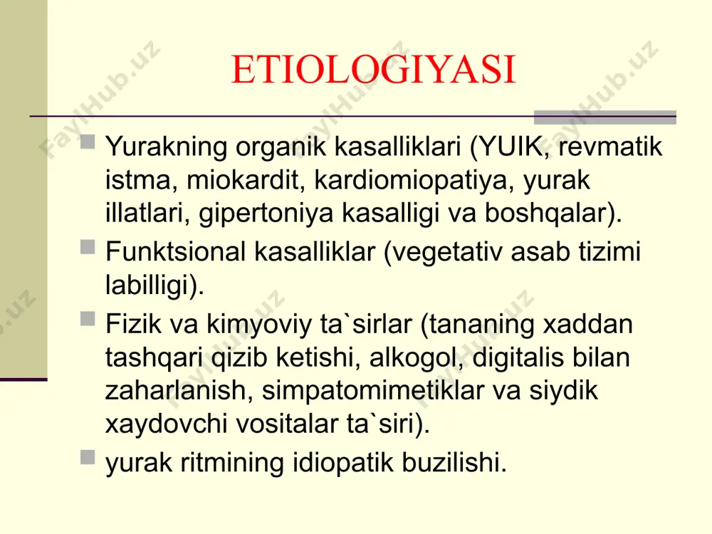 teskari (diskordant) yo‘nalgan bo‘lishi. 4. qorinchalar ekstrasistoliyasi oldida p tishchaning bo’lmasligi. 5. qorinchalar ekstrasistoliyasidan keyin to’liq kompensator pauza bo’lishi. qоrinchаlаr ekstrаsistоliyasi аllоritmik ekstrаsistоliya paroksizmal taxikardiyalar deb to’satdan bir daqiqada yurak qisqarishlarining 140-250 marotabagacha ko’payib to’satdan to’xtash xurujiga aytiladi. suprаvеntrikulyar pаrоksizmаl tахikаrdiya qorinchalar paroksizmal taxikardiyasi ekg belgilari. to’gri ritm saqlangan xolda юrak qisqarishlarining tusatdan minutiga 140-220 marotabagacha ko’payishi va xurujning to’satdan to’xtashi. qrs kompleksning deformatsiyalanganligi va davomiyligi 0.12 sekunddan uzayganligi. segment s – t va t tishcha qorinchalar kompleksning asosiy tishchasiga teskari (diskordant) yo‘nalgan bo‘lishi. qorinchalar paroksizmal taxikardiyasi xurujidan keyin to‘liq kompensator pauza bo‘lishi. qоrinchаlаr pаrоksizmаl tахikаrdiyasi bo‘lmachalar titrashi bo‘lmachalarning bir daqiqada 200-400 marotabagacha qisqarishiga aytiladi. bo‘lmachalar paroksizmal taxikardiyasidan farqli ravishda bo‘lmachalarda paydo bo‘lgan impul`slarning ma`lum qismigina qorinchalarga o‘tkaziladi ekg belgilari. ekgda minutiga 200-400 gacha arrasimon ko’rinishga ega bo’lgan bir-biriga o’xshagan f to’lqinlarning paydo bo’lishi. qorinchalar kompleksi o’zgarmagan, xar bir qorincha kompleksiga f to’lkinlar 2:1, 3:1, 4:1 va xakoza nisbatlarda bo’lishi …