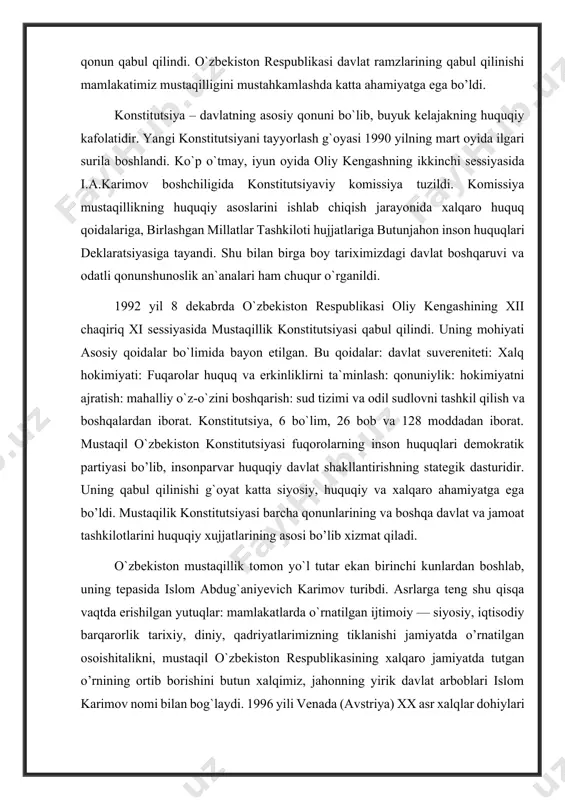 lab, uning tepasida islom abdug`aniyevich karimov turibdi. asrlarga teng shu qisqa vaqtda erishilgan yutuqlar: mamlakatlarda o`rnatilgan ijtimoiy — siyosiy, iqtisodiy barqarorlik tarixiy, diniy, qadriyatlarimizning tiklanishi jamiyatda o’rnatilgan osoishitalikni, mustaqil o`zbekiston respublikasining xalqaro jamiyatda tutgan o’rnining ortib borishini butun xalqimiz, jahonning yirik davlat arboblari islom karimov nomi bilan bog`laydi. 1996 yili venada (avstriya) xx asr xalqlar dohiylari nomida bosib chiqarilgan kitoblarining bir jildi o`zbekiston prezidentiga bag`ishlang`an. kitob mualliflaridan biri, garvard universitetining professori donald s.karlaysh … islom karimov kommunizmdan keyingi o`rta osiyo mintaqasidagi eng buyuk davlat arbobidir, deb tan beradi. islom karimovning har bir asari, ma`ruza va maqolalari bozor munosabatlariga asoslangan demokratik jamiyat qurishning nazariy asoslarini, amaliy ishlarning kundalik dasturini tashkil qiladi. istiqlolning boshlang`ich bosqichida yorug`likka chiqqan o`zbekistonning o`z istiqlol va taraqqiyot yo’li o`zbekiston bozor munosabatlariga o’tishning o’ziga xos yo’li va boshqa bir qancha asarlarida bayon etilgan. o`zbekiston mustaqilligining birinchi navbatda kechiktirilmas ijtimoiy — siyosiy, iqtisodiy va ma`naviy-ma`rifiy vazifalari keyinchalik o`zbekiston iqtisodiy …
