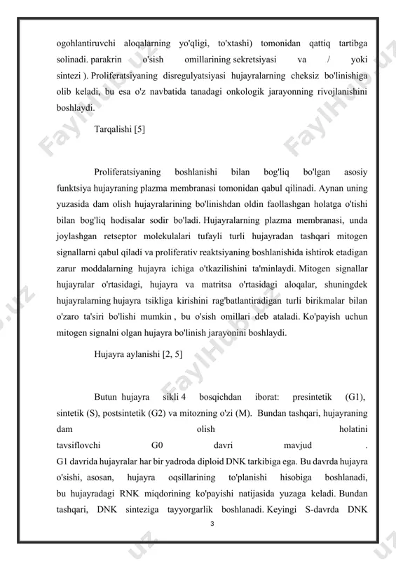 miqdori ikki barobar ortadi va shunga mos ravishda xromosomalar soni ikki barobar ortadi. sintetikdan keyingi g2 fazasi ham premitotik deb ataladi. bu fazada mrnkning faol sintezi (xabarchi rnk) sodir bo'ladi. bu bosqichdan keyin hujayra bo'linishi yoki mitoz sodir bo'ladi. barcha eukaryotik hujayralarning bo'linishi takrorlangan ( replikatsiya qilingan ) xromosomalarning kondensatsiyasi bilan bog'liq . bo'linish natijasida bu xromosomalar qiz hujayralarga o'tadi. eukaryotik hujayralar bo'linishining bu turi - mitoz (yunoncha mitos - iplar) - hujayralar sonini ko'paytirishning yagona to'liq usulidir. mitotik bo'linish jarayoni bir necha bosqichlarga bo'linadi: profilaktika, prometafaz, metafaza, anafaza, telofaza . hujayra siklini tartibga solish [1,2] hujayra siklini tartibga solish mexanizmlarining maqsadi hujayra siklining o'tishini tartibga solish emas, balki oxir-oqibatda hujayraning ko'payishi jarayonida irsiy materialning xatosiz taqsimlanishini ta'minlashdir. hujayralarning ko'payishini tartibga solish faol proliferatsiya va proliferativ uyqu holatining almashinishiga asoslanadi . hujayra ko'payishini nazorat qiluvchi tartibga soluvchi omillarni ikki guruhga bo'lish mumkin: hujayradan tashqari (yoki ekzogen) yoki hujayra ichidagi (yoki …