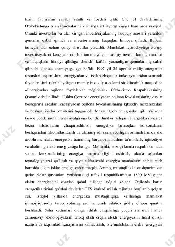 zor islohotlarini chuqurlashtirish, energetika tarmoqlari korxonalarini boshqarishni takomillashtirish va ularning ish samaradorligini oshirish hamda shu asosda mamlakat energetika tizimining barqaror ishlashini ta’minlash, iqtisodiyot va aholining elektr energiyasiga bo’lgan ma’lumki, hozirgi kunda respublikamizda sanoat korxonalarining energiya samaradorligini oshirish, ularda tejamkor texnologiyalarni qo’llash va qayta tiklanuvchi energiya manbalarini tatbiq etish borasida ulkan ishlar amalga oshirilmoqda. ammo, mustaqillikka erishgunimizga qadar elektr quvvatlari yetishmasligi tufayli respublikamizga 1500 mvt.gacha elektr energiyasini chetdan qabul qilishga to’g’ri kelgan. oqibatda butun energetika tizimi qo’shni davlatlar ges kaskadlari ish rejimiga bog’lanib qolgan edi. istiqlol yillarida energetika mustaqilligiga erishishga mamlakat ijtimoiyiqtisodiy taraqqiyotining muhim omili sifatida jiddiy e’tibor qaratila boshlandi. soha xodimlari oldiga ishlab chiqarishga yuqori samarali hamda zamonaviy texnologiyalarni tatbiq etish orqali elektr energiyasini hosil qilish, uzatish va taqsimlash xarajatlarini kamaytirish, iste’molchilarni elektr energiyasi bilan uzluksiz ta’minlash bo’yicha ko’plab vazifalar qo’yildi. shundan kelib chiqib, tarmoqda keng ko’lamli modernizatsiyalash, texnik hamda texnologik yangilash, shuningdek, qayta tiklanuvchi energiya manbalarini rivojlantirishga yo’naltirilgan istiqbolli …