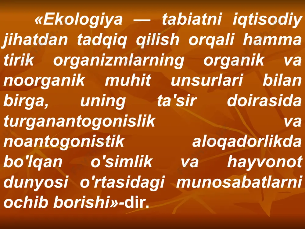lar ekologiyasi geografik qobiqlar ekologiyasi global ekologiya regional ekologiya mahalliy ekologiya geologik ekologiya ekzoekologiya endoekologiya ekologik-huquqiy geografiya va h.k. huquqiy ekologiya ekologiya huquqi xalqaro ekologik huquq tabiiy resurslardan foydalanish huquqi tabiatnu muhofaza qilish huquqi milliy ekologik huquq ekologik havfsizlik huquqi va h.k. iqtisodiy ekologiya ekologik menejment ekologik marketing ekologik audit mikroiqtisodiy ekologiya makroiqtisodiy ekologia iqtisodiy hududlar ekologiyasi va h.k. amaliy ekologiya kosmos ekologiyasi sanoat ekologiyasi agroekologiya kommunal ekologiya transport ekologiyasi tibbiyot ekologiyasi qurilish ekologiyasi bioresurslar ekologiyasi rekratsiyaviy ekologiya ergonomik ekologiya muhandislik ekologiyasi ekoturizm va h.k. image1.wmf /docprops/thumbnail.jpeg