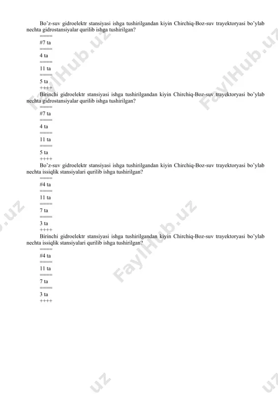 n qaysi elektrostansiyalar tashkil etadi? ==== #issiqlik ==== gidro ==== issiqlik va gidro ==== muqobil ++++ energotizimning negizini, asosan qaysi elektrostansiyalar tashkil etadi? ==== #issiqlik ==== gidro ==== issiqlik va gidro ==== muqobil ++++ issiqlik elektrostansiyalariga nechta yangi zamonaviy energobloklar oʼrnatilgan? ==== #30 dan ortiq ==== 30 ta ==== 25 ta ==== 20 ta ++++ yurtimizdagi eng yirik issiqlik elektrostansiyasining quvvati qancha? ==== #3200 mvt ==== 32000 mvt ==== 3,22 gvt ==== 3 gvt ++++ o’zbekistondagi eng yirik issiqlik elektrostansiyasining quvvati qancha? ==== #3200 mvt ==== 32000 mvt ==== 3,22 gvt ==== 3 gvt ++++ oʼzbekistondagi eng yirik issiqlik elektrostansiyasining har-bir energoblokining quvvati qancha? ==== #800 mvt ==== 900 ming kvt ==== 900 mvt ==== 7000 mvt ++++ oʼzbekistondagi eng yirik issiqlik elektrostansiyasining har-bir energoblokining quvvati qancha? ==== #800 mvt ==== 900 ming kvt ==== 900 mvt ==== 7000 mvt ++++ oʼzbekiston energotizimisidagi eng yirik talimarjon ies uning nechta energobloki …