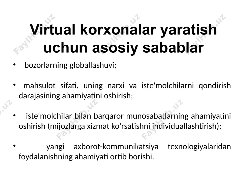 izontal tuzilish bu markazsizlashtirish va muvofiqlashtirishga asoslangan o'z-o'zini sozlash va o'zini o'zi boshqarish bo'linmalarining dinamik va strategik tarmog'idir. tarmoq korxonalari madaniy va texnologik o'zgarishlar ta'sirida yangi bilimlarni yaratish va o'z maqsadlarini tezda o'zgartirishga qodir bo'lishi kerak. an’anaviy model jismoniy kapitalga asoslangan va ishlab chiqarish va sotish uchun qurilgan piramida. kompaniya "etkazib beruvchi - iste'molchi" munosabatlari zanjirini takomillashtirmoqda. kapitallashtirilgan model tarmoq korxonasi nisbatan kichik kapitalga ega, ammo tovar belgisi (brend)ga ega; tashqi tuzilmalar tarmoq korxonalari atrofida tarmoq hosil qiladi; bu tarmoqlar tarmoq korxonalarini “yetkazib beruvchi – iste’molchi”, “talab – taklif” zanjirlari, turli xizmatlar (axborotni qayta ishlash, hisobga olish, ishga qabul qilish) bilan ta’minlaydi. an'anaviy va tarmoq biznesi yuqori daraja (ishlab chiqarishga egalik) yuqori daraja (tugallanmagan ish, tayyor mahsulot) ishlab chiqarishga yo'naltirilganlik mahsulotni joylashtirish strategiyasi iste'molchilarni jalb qilish strategiyasi iste'molchiga yo'naltirilganlik past daraja (iste'molchilarga to'g'ridan-to'g'ri etkazib berish) past daraja (ishlab chiqarishni tashqi tuzilmalarga o'tkazish) jismoniy kapital aylanma kapital inson kapitali brend-kapital tarmoq …
