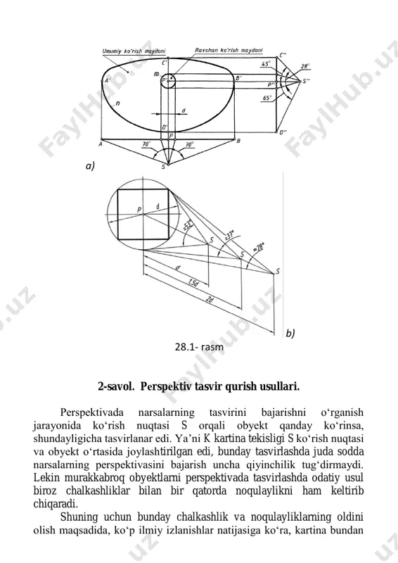 esa obyektning olddan ko‗rinishi hisoblanadi. shunday qilib, obyektning perspketivasi uning plani va fasadi (monj chizmasi) bo‗yicha bajariladi. 28.2-rasmda obyektning plani va fasadi berilgan. uning perspektiv tasviri quyidagi tartibda yasaladi. 1. obyektning fasadiga nisbatan ufq chizig‗i tanlab olinadi. 2. obyektning planiga nisbatan kartina izi kh qulay vaziyatda joylashtiriladi, ya‘ni obyektning ikki yon tomoni deyarli to‗laroq ko‗rinishi ta‘minlanishi lozim. 3. kartinaga nisbatan ko‗rish nuqtasi, ya‘ni optimal ko‗rish burchagi () ta‘minlanadigan masofada tanlab olinishi lozim. 4. kartina izida plandagi obyektning to‗g‗ri chiziqlari uchrashish nuqtalarining geometrik o‗rinlari (d1, d2, f1, f2 lar) aniqlanadi. 5. obyektga nisbatan tasvir bajariladigan kartina fasadning o‗ng yonida yoki chizma qog‗ozining bo‗sh joyida tanlanadi va ufq chizig‗i fasaddan olib o‗tiladi. kartina izida aniqlangan barcha uchrashuv nuqtalar (p, f1, f2 yoki d1, d2 lar) ufq chizig‗iga olib o‗tiladi. 6. obyektning plandagi xarakterli (burchak) nuqtalari ( 1 1 , 21, 31, 41) ko‗rish nuqtasi s bilan tutashtirilib, kh da bu ko‗rish nurlarining …