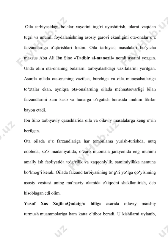 iy yo‘lini bosib o‘tadigan eng muhim soxadir. bunday oilada ota-onalar bilan bolalar o‘rtasida ma’lum ma’noda izzat hurmat va dildan ishonch kabi chegara bo‘ladi. oilada bolalarning o‘zga bir oilada yotib qolishiga hech bir holda sira yo‘l qo‘ymasligi kerak, bola yotib qoladigan joy aniq tanish va ishonchli bo‘lgan taqdirdagina istisno bo‘lishi mumkin. oilada farzand yaxshi tarbiyalansa, ota-onaning baxti, yomon farzand esa ota-onaga kulfat keltiradi. oila va jamoatchilik hamkorligi yosh avlodni muvaffakiyatli tarbiyalashning asosiy shartlaridan biridir, ota-ona e’tiboriga oladigan alohida ahamiyat berish kerak bo‘lgan narsa bolani yoshligidan boshlab biror-bir ishga o‘rgatish, unga o‘ziga xos yumush berib, ishga odatlantirishdir. vaholanki bola ham ish o‘rganadi, ham jamiyatda, oilada o‘z o‘rnini topishga harakat qiladi. bolada mehnatga munosabat, ota-onasiga munosabati, oila a’zolariga nisbatan fikri, dunyoqarashi o‘zgaradi. oila boshlig‘i ota – ona bola tarbiyasi haqida yetarlicha amaliy va nazariy bilimlarga ega bulishi kerak. agar ularda yetarlicha bilim ko‘nikma va malaka bo‘lmasa u oila a’zosiga ya’ni farzandlariga yaxshi tarbiya …