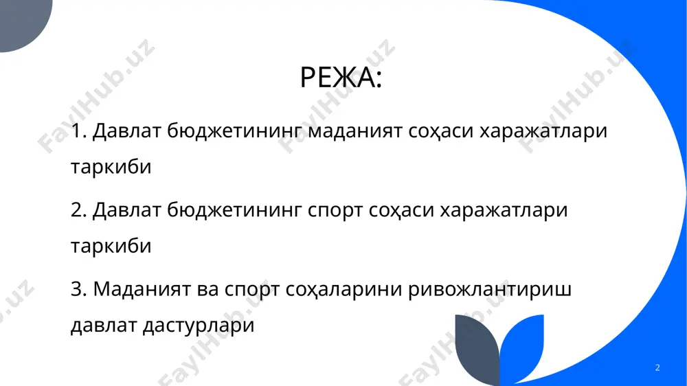 davlat byudjetining madaniyat va sport xarajatlari - Page 2