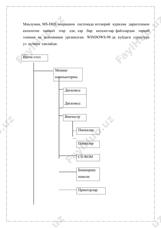 арча файллар ва папкалар корзинага жойлашади. вурезать- тугмачаси танланган файл еки файллар группасини олиб утиш учун тайинланган, бу вактда улар буферга нусхаси кучирилади, аммо оригинали киркиб ташланади. у папка еки курилмага утиб буфердаги мавжуд файл еки папкаларни куйиш учун вставить тугмачаси кайта босилади. ишчи стол асосий ойнаги меню каторига эга булиб, меню каторидаги хар бир менюлар турли хил буйруклар мажмуасидан иборат булади. файл менюсидаги создать буйруги файл еки папкалар, ерликларни яратиш учун тайинланган булади, агар файл яратиш талаб килинса windows-98 даги иловалар руйхати экранга чакирилади. файл менюсида файллар устидаги барча амалларни бажарувчи буйруклар мавжуд. правка - менюси бажариладиган ишларни такрорлаш, тиклаш, тахрирлаш, учун хизмат килади. масалан:жорий каталогдаги барча файлларни бирданига ажратиш зарур, бхлса, правка менюсидан вуделить все буйруги танланади. натижада барча файллар ажратилган ранг билан акс этади. юкоридаги жараенни клавиатура ердамида хам ctrl+a босиш билан амалга ошириш мумкин. правка менюсидаги отменить буйруги олдинги берилган буйругини бекор килиш учун тайинланган. вурезать …