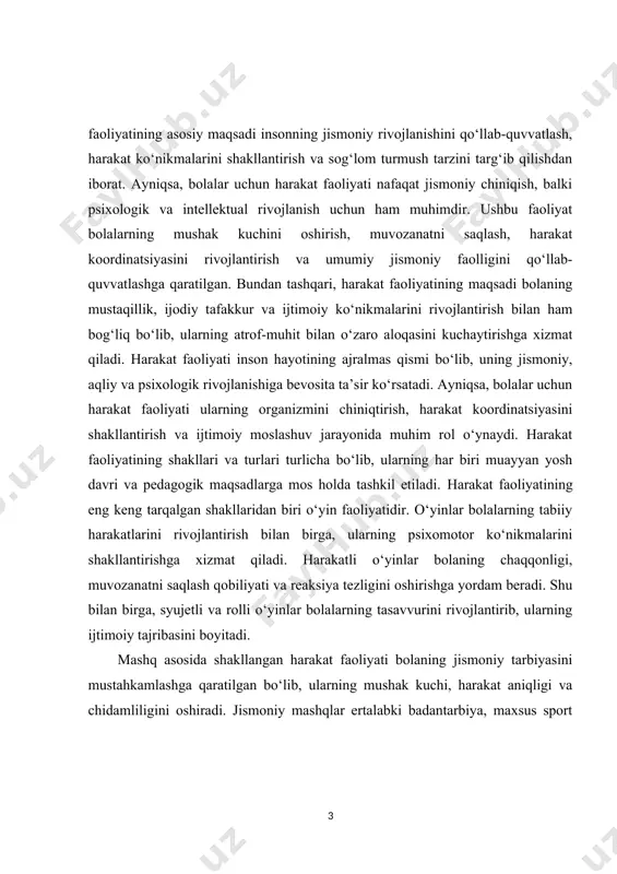 rakat faoliyatining yana bir turi mehnat faoliyati bo‘lib, bu jarayonda bolalar turli harakatlarni bajarish orqali o‘zlarining motorika qobiliyatlarini rivojlantiradilar. mehnat faoliyati bolaning mayda va yirik harakatlarini takomillashtirishga xizmat qilib, mustaqillik, javobgarlik va ijtimoiy ko‘nikmalarni shakllantirishga yordam beradi. uy-ro‘zg‘or ishlariga ko‘maklashish, bog‘dorchilik ishlari yoki qurilish konstruksiyalari bilan shug‘ullanish kabi faoliyat turlari mehnat harakat faoliyatiga misol bo‘la oladi. ijodiy harakat faoliyati esa bolalarning tasavvurini kengaytirib, ularga his-tuyg‘ularini ifodalash imkonini beradi. raqs, teatr harakatlari, musiqa bilan bog‘liq mashg‘ulotlar bolalarning harakat estetikasi va ritmni his qilish qobiliyatlarini rivojlantirishga xizmat qiladi. ushbu faoliyat shakllari bolaning umumiy badiiy didini oshirish bilan birga, uning psixologik va ijtimoiy holatiga ham ijobiy ta’sir ko‘rsatadi. sport faoliyati bolalarning jismoniy rivojlanishini qo‘llab-quvvatlaydigan yana bir muhim harakat turi hisoblanadi. sport bilan shug‘ullanish bolaning chidamliligini oshiradi, irodaviy sifatlarini shakllantiradi va jamoaviy ishlash ko‘nikmalarini rivojlantirishga yordam beradi. futbol, basketbol, yengil atletika, suzish kabi mashg‘ulotlar orqali bolalar o‘zlarining jismoniy imkoniyatlarini kengaytirib, sog‘lom turmush tarziga odatlanadilar. …