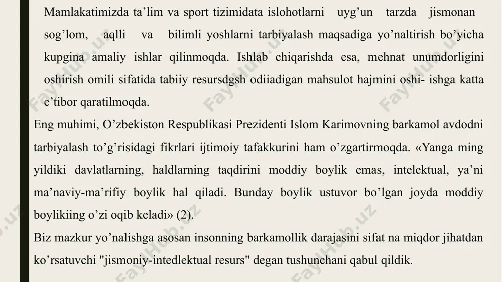 resursning o’zidan keyingi bosqichi imkoniyatlari miqdor va sifat jihatidan samaraliroq bo’lishini ta’minlaydi. bu avlodlarniig genetik o’zgarishiga ijobiy ta’sir qilib, ularni har jihatdan barkamollashtirish xususiyatiga ega. ya’ni, jismoniyintellektual resurs, o’zini yana qayta sifatli qilib yarata oluvchi kuchdir. 8 inson barkamolligini belgilovchi uch asosiy omil -jismoniy, aqliy va ma’naviy salohiyat jamiyatda mislsiz ijobiy o’zgarishlar joriy etish imkoniyatiga ega. bu, avlodlar hayotida yanada yangilanib, rivojlanib, yanada yangi mazmun-mohiyat kasb etib boraveradi. barkamol avlodning shakllanishi, ulardagi intellektual va jismoniy resurslarning ortishi yoki, aksincha, kamayishi jamiyatning har bir a’zosi ma’naviy salohiyatiga bog’liq. jismoniy-intellektual resursning yaratuvchanlik harakati uning muntazam rivojlanib borishini kafolatlaydi. komil insonning jismoniy va intelektual qobiliyati ma’lum davrda qanchalik rivojlanib bormasin, maishsiy xususiyatlar, xalqning turmush tarzi va kayfiyatlarini e’tiborga olgan holda, jamiyat ma’naviy ehtiyojlaridan kelib chiqib, kompleks yo’naltirilmasa, to’liq barkamol bo’la olmaydi. negaki, jismoniy chiniqish, intellektual qobiliyat hamda manaviy yetuklik barkamol inson resursni to’la shakllantiruvchi asosiy ustunning tarkibiy qismlaridir. ma’lumkm,oyoqda o’rnatilgan konussimon qurilmalar juda …