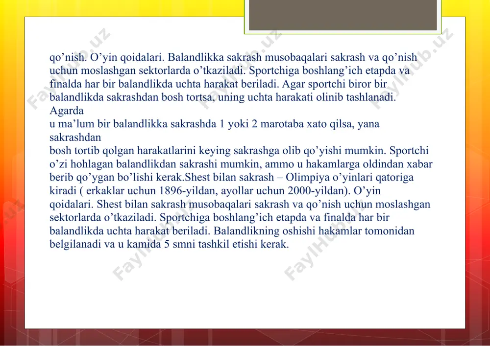 rib, bir oyoqda depsinib, depsingantomonga aniq harakatlanish va bir oyoqqa qo'nish bilan bajariladi.bunday sakrashlar uchun uchish holatini saqlab qolish o'ziga hosdir. qolgan belgilar uncha aniq ko'rinmasligi mumkin. murakkab burilishlar bilan sakrash ikki oyoqda hamda bir oyoqda depsinib bajarilishi mumkin. shunday qilib, bir oyoqda siltash bu yerda shart emas, lekin qo'l bilan siltash harakatlari har doim aniq ifoda etilgan, agar bu 320° dan kam bo'lmagan burilishli sakrashga tegishli bo'lsa. mazkur sakrashda murakkab burilishni bajarish elementning tashqi ta'siri kabi real qiyinchiligihi aniqlovchi asosiy harakat vazifasi bo'ladi. bu esa bunday sakrashlami alohida guruh qilishga sabab bo'ladi. xatlab sakrash-murakkab sakrash turlarini o'z ichiga olgan o'ziga hos sakrash shaklidir (murakkab sakrash to'g'risida keyingi bo'limda).u quyidagi belgilar orqali aniqlanadi: bir oyoqda depsinib, ikkinchi oyoq va qo'l bilan ifodali siltash bilan birga uchishda ozmi-ko'pmi murakkab burilishlar, oyoq holatlarini tez-tez almashtirish va bir oyoqqa qo'nish. murakkab sakrashlar yuqoridagi sakrash turlaridan kamida ikki-uchta belgilarni o'zida mujassamlaydi (xatlab sakrashdan tashqari). …