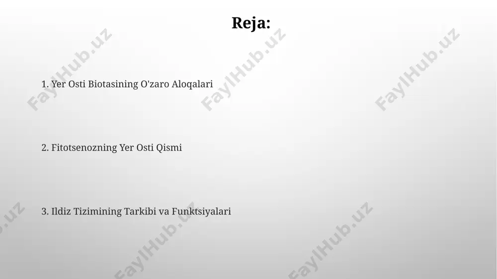iy unumdorligini oshiradi. yer osti suvining yuqori darajasi (masalan, 1 metrdan kam) o'simliklarning ildiz tizimining rivojlanishiga salbiy ta'sir ko'rsatib, kislorod yetishmovchiligiga va ildiz chirishining yuqori xavfiga olib kelishi mumkin. ildiz tizimining morfologiyasi taxminan 80% dan ortiq ildiz massasi tuproqning yuqori 30 sm qatlamida joylashgan bo'lib, bu qatlamda o'simliklar uchun zarur bo'lgan suv va ozuqa moddalari ko'p bo'ladi. ildiz shoxchalari zichligi va uzunligi o'simlik turiga, tuproq turiga va atrof-muhit sharoitlariga bog'liq bo'lib, bu ko'rsatkichlar 1 sm³ tuproqda yuzlab ildiz uchlarini tashkil qilishi mumkin. antropogen ta'sirlar kimyoviy o'g'itlarning ortiqcha qo'llanilishi tuproqning tuzilishiga salbiy ta'sir ko'rsatib, yer osti suvlarining mineralizatsiyasi darajasini 2 marta oshirgan va o'simliklarning ildiz tizimiga zarar yetkazgan. o'rmonlarning 30% gacha qismini egallagan antropogen ta'sirlar tufayli yer osti qismining zichligi 15% ga kamayib, o'simliklarning biomassi 20% ga pasaygan. e'tiboringiz uchun rahmat @taqdimot_robot image3.png image4.jpg image5.jpg image6.jpg image7.jpg image8.jpg image9.jpg image10.jpg image1.png