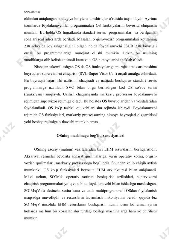 zilishlarni qayta ishlash blokiga beriladi, bu blok osning bir qismidir. bu blok uzilish shartiga javob berishga mo`ljallangan. yuqorida qayd qilingan holatda uzilishni chaqirish a programmaga umuman bog`liq bo`lmasligi mumkin. bu signal o`qish-yozish amalini tugagan boshqa programma tomonidan chaqirilgan bo`lishi mumkin. umuman, a programmani qaysi joyda va qachon uzilishni aytib bo`lmaydi, boshqacha aytganda, uzilish asinxron ravishda ruy beradi. uzilgan programmani keyinchalik to`g`ri ishlashini apparat va tizimli programma vositalari kuzatib boradi. uzilish holatida programma bajarilishiga vaqtdan boshqa hech nima ta`sir qilmaydi. quyidagi rasmda so`m/qv uchun uzilishlarning to`rtta sinfi keltirilgan. синф узилиш тури 1 svc 2 программавий 3 таймер бўйича 4 ўқиш-ёзиш бўйича 1-sinf. svc uzilishlari-markaziy protsessor tomonidan supervizorni chaqirishda yuzaga keladi. bu buyruq programma tomonidan os funksiyalarini chaqirish uchun ishlatiladi. 2-sinf. programma uzilishli bo`lib u nolga bo`lish, noto`g`ri mashina buyrug`ini bajarishga urinish va boshqa sabablari bo`yicha yuzaga kelishi mumkin. 3-sinf. taymer bo`yicha uzilishlar markaziy protsessorning interval taymeri tomonidan chaqiriladi. uzilish taymer registriga …