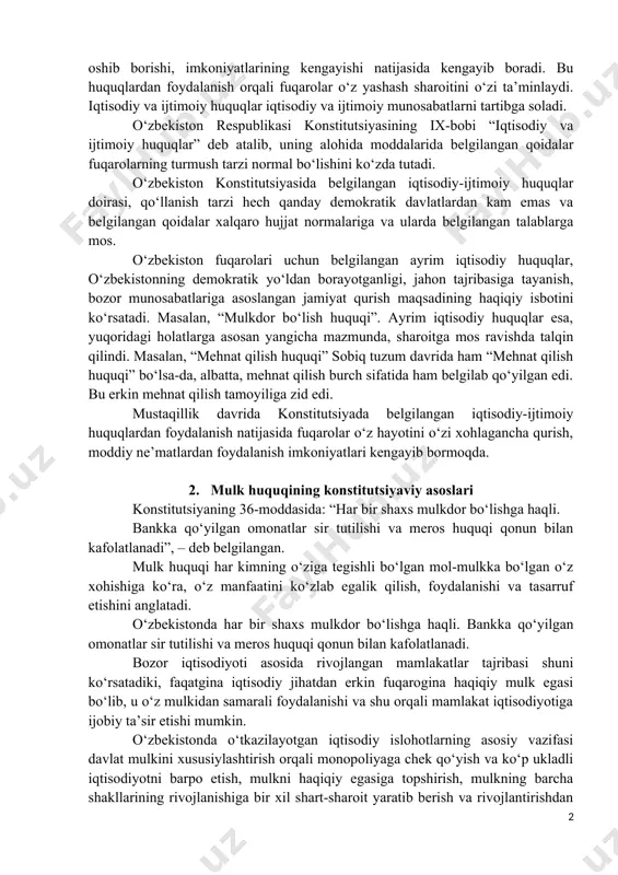 rolarning mulkka egalik qilish, mehnat qilish, dam olish, nafaqa olish, tibbiy xizmatdan foydalanish, bilim olish, ilmiy va texnikaviy yutuqlardan foydalanish kabilarga bo‘lgan huquqlari “iqtisodiy va ijtimoiy huquqlar” deb belgilangan. bu huquqlar davlat tomonidan o‘rnatilib, davlatning iqtisodiy qudrati oshib borishi, imkoniyatlarining kengayishi natijasida kengayib boradi. bu huquqlardan foydalanish orqali fuqarolar o‘z yashash sharoitini o‘zi ta’minlaydi. iqtisodiy va ijtimoiy huquqlar iqtisodiy va ijtimoiy munosabatlarni tartibga soladi. o‘zbekiston respublikasi konstitutsiyasining ix-bobi “iqtisodiy va ijtimoiy huquqlar” deb atalib, uning alohida moddalarida belgilangan qoidalar fuqarolarning turmush tarzi normal bo‘lishini ko‘zda tutadi. o‘zbekiston konstitutsiyasida belgilangan iqtisodiy-ijtimoiy huquqlar doirasi, qo‘llanish tarzi hech qanday demokratik davlatlardan kam emas va belgilangan qoidalar xalqaro hujjat normalariga va ularda belgilangan talablarga mos. o‘zbekiston fuqarolari uchun belgilangan ayrim iqtisodiy huquqlar, o‘zbekistonning demokratik yo‘ldan borayotganligi, jahon tajribasiga tayanish, bozor munosabatlariga asoslangan jamiyat qurish maqsadining haqiqiy isbotini ko‘rsatadi. masalan, “mulkdor bo‘lish huquqi”. ayrim iqtisodiy huquqlar esa, yuqoridagi holatlarga asosan yangicha mazmunda, sharoitga mos ravishda …