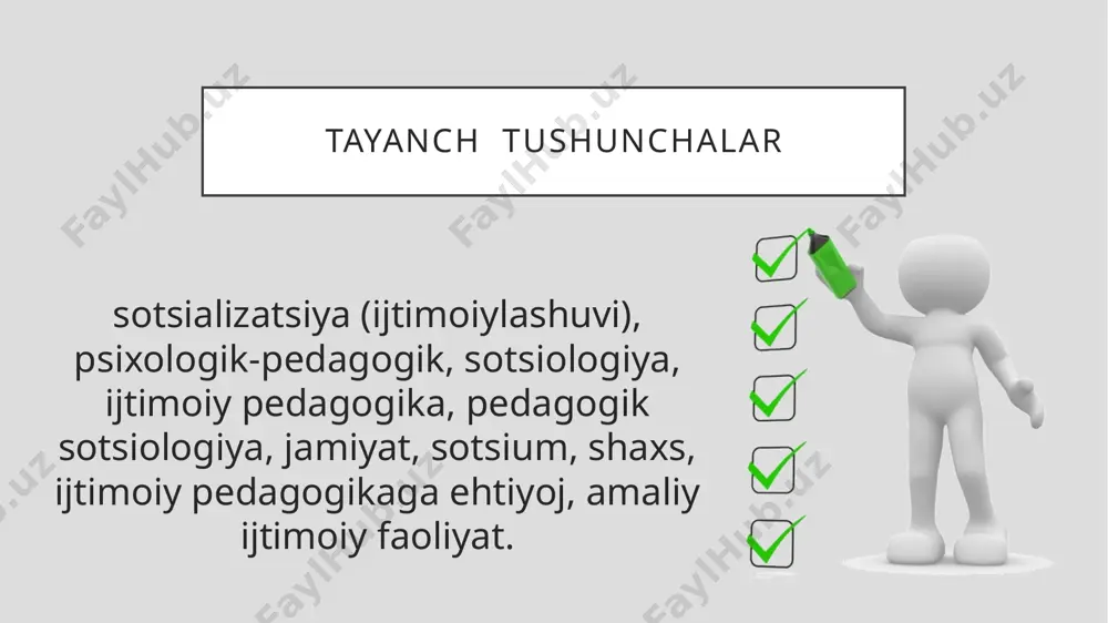 t. obyekti ijtimoiy hayotiy tarbiyaviy jarayonlardir. predmeti shaxsning ijtimoiylashuv jarayonidir. irsiyat ijtimoiy muhit tarbiya i.podlasiyning “pedagogika darsligida quyidagicha ta’rif mavjud: “ijtimoiy pedagogika - ijtimoiy muhitning shaxsni shakllantirishga va ijtimoiy tarbiya muammolariga ta’siri qonuniyatlarini o‘rnatuvchi fan”. a.v.mudrikning fikricha ijtimoiy pedagogika “barcha yosh guruhlar va ijtimoiy toifalarni ijtimoiy tarbiyasini o‘rganuvchi pedagogikasi”dir. v.d.semenov ijtimoiy pedagogika yoki muhit pedagogikasi fan yutuqlarini birlashtiruvchi va ularni ijtimoiy - tarbiya amaliyotida amalga oshiradi, deb hisoblaydi. ijtimoiy pedagogika fan sohasi sifatida bir qator vazifalarga ega bo‘lib, ularni quyidagicha guruhlash mumkin: nazariy vazifa: ijtimoiy pedagogik bilimlarni to‘plab zamonaviy jamiyatda o‘rganayotgan jarayon va hodisalarning to‘liq tasvirini tuzishga intilishda namoyon bo‘ladi. amaliy vazifalarga: - ijtimoiy pedagogikaning ijtimoiylashuviga tashkiliy-pedagogik va psixologik yo‘nalishlardagi ta’sirini samarali takomillashtirish ishlarini aniqlash bilan bog‘liq bo‘lgan ishlar kiradi. insonparvarlik vazifasi - shaxsning rivojlanishi uchun sharoitlar yaratib beruvchi ijtimoiy pedagogik jarayonlarni mukammallashtirish uchun maqsadlarni ishlab chiqishda o‘z ifodasini topadi. ijtimoiy pedagogika fan sohasi sifatida bir qator vazifalarga ega bo‘lib, …