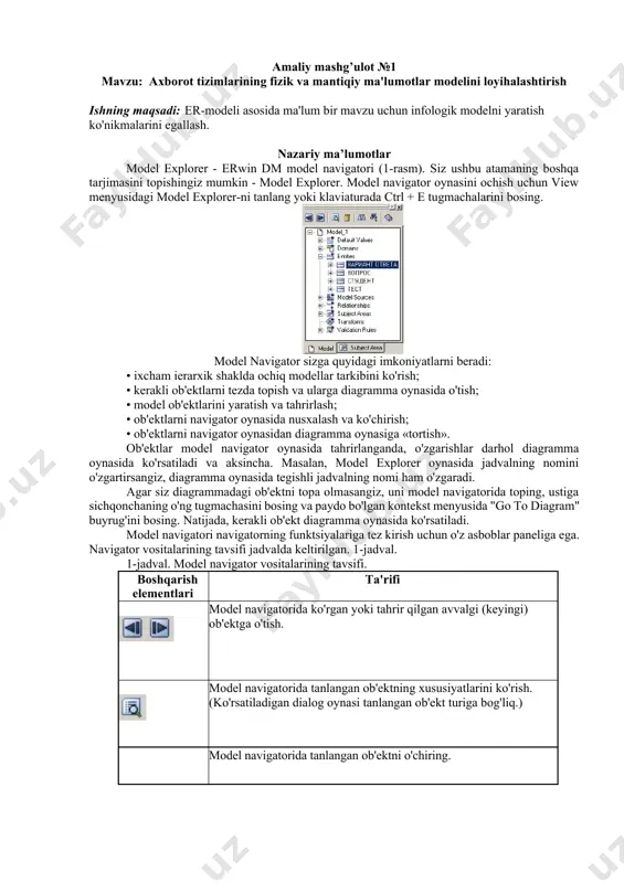 dellar bilan ishlashda foydalidir, siz katta model ob'ektlarining ma'lum bir to'plamiga e'tibor qaratishingiz kerak bo'lganda. " subject area" yorlig'ida siz model ob'ektlarini filtrlashingiz va faqat kerakli mavzu doirasiga kiradigan ob'ektlarni ko'rsatishingiz mumkin (subject area). subject area yorlig'idagi ob'ektlar yordamida siz model yorlig'idagi kabi manipulyatsiyalarni bajarishingiz mumkin. model navigatoridagi har bir ob'ekt mos keladigan belgiga ega. tasvirlar - bu modeldagi ob'ektning rolini grafik tasvirlash. navigatorda namunaviy ob'ektni sichqonchaning o'ng tugmasi bilan kontekst menyusi ochiladi. kontekst menyusi buyruqlarining tarkibi tanlangan ob'ektga bog'liq. masalan, kontekstual korxona sub'ekti uchun menyu uchta buyruqni o'z ichiga oladi (5-rasm): 5-rasm. ob'ektning kontekst menyusi. · go to diagram (diagramma oynasida ob'ektni ko'rsating), · delete (ob'ektni o'chirish), · properties (ob'ekt xususiyatlarini ko'rish / tahrirlash). model explorer model navigatori va diagramma oynasining birgalikda ishlatilishi ma'lumotlar modelini ishlab chiqish jarayonini avtomatlashtiradi, masalan, quyidagi hollarda: · ob'ektlarni nusxalash va ko'chirish. masalan, siz domenning barcha xususiyatlarini meros qilib oladigan atribut (ustun) yaratish uchun …