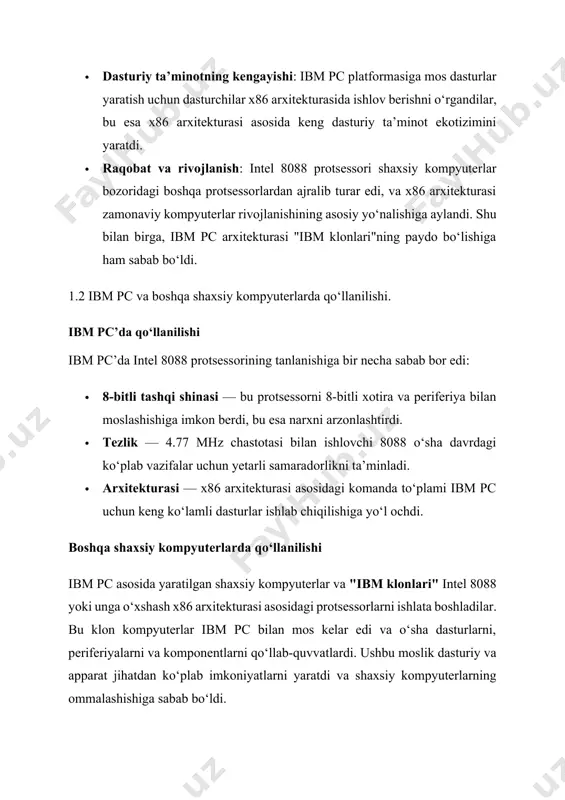 samarali tanlov hisoblangan. 8-bitli komponentlar bilan moslik: 1970-1980-yillar davomida ko‘plab kompyuter tizimlari 8-bitli texnologiyalar asosida ishlab chiqilgan edi. 8-bitli magistral ular bilan yaxshi moslashgan va eski xotira hamda periferiyalar bilan ishlashni osonlashtirgan. energiya sarfi 8-bitli tashqi shinaga ega protsessorlar ko‘pincha kam energiya sarflaydi, bu esa batareyada ishlaydigan yoki oddiyroq elektr ta’minotiga ega tizimlar uchun foydali. oddiy dizayn: 8-bitli magistral dizayn jihatidan sodda bo‘lib, uni ishlab chiqish va xizmat ko‘rsatish oson. shuningdek, bu xotira va boshqa komponentlarni boshqarishda murakkab sxemalarni talab qilmaydi. cheklovlari ma’lumot uzatish tezligi: bir vaqtda faqatgina 8 bit (1 bayt) ma’lumot uzatishi mumkinligi sababli ma’lumot uzatish tezligi nisbatan past. bu esa katta hajmdagi ma’lumotlar bilan ishlashda yoki yuqori tezlik talab qilinadigan ilovalarda samaradorlikni pasaytiradi. ko‘proq soat tsikllari: 16-bitli yoki undan yuqori kenglikdagi ma’lumotlarni uzatish uchun 8-bitli magistral ikki yoki undan ko‘proq soat tsiklini talab qiladi. masalan, 16-bitli ma’lumotni uzatishda ma’lumot ikki qismga bo‘linadi va ketma-ket uzatiladi, bu esa …