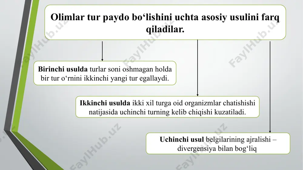 h yo‘li bilan paydo bo‘lgan. chunonchi, olxo‘ri olcha bilan tog‘olchaning chatishishidan so‘ng xromo- somalar sonining ikki hissa ortishi natijasida kelib chiqqan. olchada xromosomaning gaploid to‘plami 16, tog‘olchada esa 8, demak, ularda hosil bo‘lgan duragay da xromosomaning gaploid to‘plami 24 ga teng. olimlarning ﬁkricha, xromosomaning gaploid to‘plami 13 bo‘lgan herbatseum turini boshqa 13 xromosomali turi bilan o‘zaro chatishib, so‘ng duragay xromosoma to‘plamining ikki hissa ortishi hisobiga 52 xromosoma to‘plamga ega bo‘lgan xirzutum, barbadenze g‘o‘za turlari kelib chiqqan deb faraz qilinadi. uyga vazifa darslikdagi berilgan mavzuni o`qib o`rganish, unda uchragan tayanch so`zlarni taxlil qilib, mavzuga oid rasmlarni chizish mavzu so`ngidagi berilgan jadvalni to`ldirib kelish. image2.png image3.jpg image4.png image5.png image6.png image7.jpg image8.png image9.jpg image10.jpg image11.png image12.png image13.png image14.png image15.jpg image16.png image17.jpg image18.jpg image19.jpg image20.jpg image21.jpg image22.jpg image23.jpg image24.jpg image25.jpg image26.jpg image27.jpg
