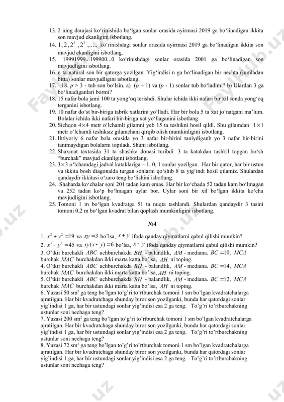 rasida familiyalari bir xil harfdan boshlanadigan kamida ikki nafar oʻquvchi mavjudligini isbotlang. 8. qopda bir nechta oq va bir nechta qora sharlar bor. shu qopdan qaramasdan eng kamida nechta shar olganimizda, ular ichida albatta bir xil rangli sharlar mavjud boʻladi? 9. oʻrmonda 800000 ta daraxt oʻsmoqda. har bir daraxtda 500000 tadan kam yaproq bor. yaproqlari soni bir xil boʻlgan ikkita daraxt mavjudligini isbotlang. 10. koʻp qavatli uyda 40 nafar oʻquvchi yashaydi. 4 ta oʻquvchi toʻgʻilgan kunini nishonlaydigan biror oy mavjudligini isbotlang. 11. doʻkonga 3 ta navdagi olmalar solingan 25 ta idish olib kelindi (har bir idishdagi olmalar bir xil navda) . qandaydir navli olma solingan 9 ta idish mavjudligini isbotlang 12. qopda 4 ta oq va 2 ta qora sharlar bor. shu qopdan eng kamida nechta shar qaramasdan olganimizda, ular ichida albatta a) 1 oq ; b) 1 ta qora ; c) 1 ta oq va 1 ta qora ; …