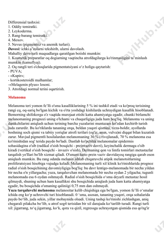 likning rivojlanish xavfi yuqoriligini ko'rsatadilar. klinikasi. terining turli qismlarida - yuzida, tanasida, qo'l-oyoqning ko'proq yengil shikastlanadigan bo'g'imlari ustida, bir joyda (o'choqli turi), bir tomonda bir necha o'choqlar (segmentar) yoki tarqalgan (generalizatsiyalashgan) simmetrik depigmentli, aniq chegarali dog'lar bo'ladi. oq dog'lar rangi gipopigmentli darajadan to tiniq oq darajasigacha boiib, ular sekin kattalashib, bir-biri bilan qo'shilib ketishi mum kin. oq teri ustidagi sochlar oqarishi ham mumkin. tekshirilsa terining og‘riq, harorat va taqchil sezuvchanligi saqlangan boiadi. kasallikning akrofatsial (ogizning atrofi, qo'l-oyoq panjasi), uni versal (toiiq terining oqarishi) turlari va setton kasalligi (pigmentli xol atrofi oqarishi) ham farqlanadi. kasallik surunkali kechib, dogiar kattalashib, bir-biri bilan qo'shilishib turgan vaqtda ayrim dogiar atrofidan sekin pigmentatsiya rivojlanishi oqibatida, qisqarib yoki ichki qismida follikulyar nuqtadek pigment dogiar paydo boiishi mumkin. davolanmasa keyinchalik birdaniga oq dogiar paydo boiishi kuzatiladi. differensial tashxisi: 1. oddiy temiratki. 2. leykoderma. 3. rang-barang temiratki. 4. moxov. 5. nevus (pigmentsiz va anemik turlari). davosi: ichki a’zolarni …