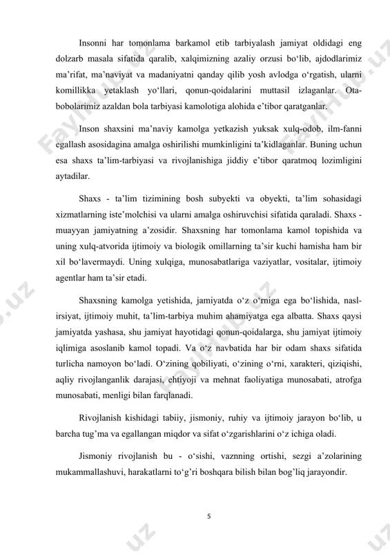 asta egallab boradilar. bolalar hayotidagi ilk faoliyatlarning eng oddiylari undagi shaxsiy qobiliyatlar, xususiyatlar, aqliy salohiyati, menligi, tevarak-atrofga ma’lum bir munosabatning shakllanishiga asos bo‘lib xizmat qiladi. bolada dastlabki ijtimoiy moslashuvchanlik, dastlabki harakat va tasavvurlar, taassurotlar shakllana boshlaydi. harakat usullarini egallab borish orqali bolada faollik sekin-asta rivojlanadi. ammo faollikning qay darajada rivojlanib borishi ham irsiyatga ham taqlidchanlik qobiliyatiga bog’liq. bola tabiatida taqlidchanlik borligini hammamiz yaxshi bilamiz. bola hayotining ilk dastlabki yillarida kattalar bilan bo‘ladigan har bir munosabati va narsa-buyumlar ishtirokida bajargan harakatlari asosiy faoliyat turi hisoblanadi. bola bilan muomala qilish orqali kattalar ularni asta-sekin ijtimoiy faoliyatga olib kiradilar. mana shu yo‘llar bilan bola faoliyatning o‘ziga xos tomonlarini egallab boradilar. shaxsni shakllantirish tarbiya jarayonida ro‘y beradi, inson tarbiyasi uning kamoloti yo‘lidagi bunyodkorlik mehnatida, oila instituti, ijtimoiy hayotda, sotsialiqtisodiy vazifalarini hal etishda namoyon bo‘ladi. shaxs shakllanishida ta’sir etuvchi omillar mavjud. tarbiya bola hayotida yetakchi omil sifatida qaraladi, chunki bu to‘plangan ijtimoiy tajribani yetkazish uchun …