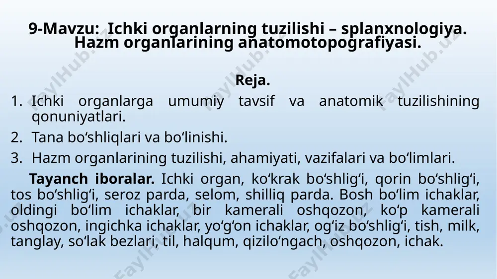 n. sut emizuvchilardan bir teshiklilar oddiy tuzilgan. har xil hajmli nay shaklidagi hazm organlarining ichki yuzasi epiteliy hujayralari bilan qoplangan bo‘lib, ularning bo‘rtishidan turli shakldagi bezlar kelib chiqqan. umuman, epiteliy to‘qimalari ichki organlarning eng muhim qismi hisoblanadi. epiteliy to‘qimalari organlarning vazifasiga qarab, har xil tuzilgan bo‘ladi. masalan, og‘iz bo‘shlig‘ida, qizilo‘ngach va kavsh qaytaruvchi hayvonlarning katta qorin, to‘r qorin va qatqorin devorlarida ko‘p qavatli yassi epiteliy to‘qimalari mavjud bo‘lib, ular himoya vazifasini bajaradi. nafas olish organlari va tuxumdon yo‘lida tebranuvchi epiteliy to‘qimalari uchraydi. ular tebranishi natijasida organizmni har xil begona narsalardan tozalaydi, tuxum yo‘lida esa tuxum hujayrasini bachadonga surish uchun xizmat qiladi. ichak devorlarida jiyakli epiteliy to‘qimalari bo‘lib, ular oziq moddalarni shimish uchun xizmat qiladi. organizmning nay shaklidagi organlari devorini quyidagi qavatlar: ichki qavat – shilimshiq parda; uning ostki pardasi; muskul parda va zordap (seroz) parda hosil qiladi. shilimshiq parda - tunica mucosa hazm qilish organlarini hosil qiluvchi nayning ichki yuzasida …