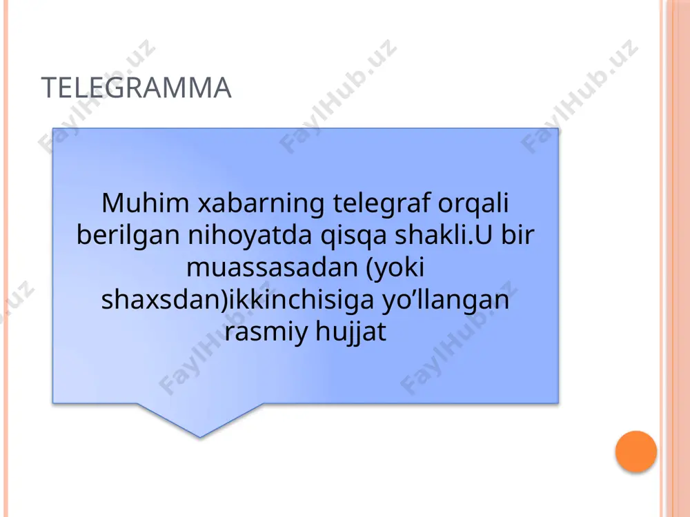 atuvchi o'z tanishini to'yga taklif qilmoqchi. agar xabar telegramma yoilangan shaxsga butunlay yangilik bo'lsa, matnda qayerda, qanday va kimning to'yi ekanligi alohida ko'rsatilishi kerak. agar to'y haqida u qisman xabardor bo'lsa, telegrammaning taxminiy matni quyidagicha bo'ladi: to'y o'n ikkinchiiyunga belgilandiyetib keling. telegramma samarqand 27 navbahor 18 markaziy jamg'arma banki filiali joriy hisoblar bo'limiga men sobir alimov 2621 raqamli o'z joriy hisobimdan 6704051 (olti million yetti yuz to'rt ming ellik bir) so'mni mashina to'lovi uchun toshkentdagi o'n to'rtinchi sport magazinining 000441523 raqamli maxsus hisobraqamiga o'tkazishingizni so'rayman pasport: as № 0706924 2015-yil 20-yanvar samarqand shahar ichki ishlar boiimi tomonidan berilgan. imzo toshkent 187 sadaf ko'chasi 4-uy. (telegrafchi imzoni tasdiqlaydi) bunday telegrammalarni qabul qilishda telegrafchi muallif pasportidagi hamda telegrammadagi qaydlarni solishtirgach, telegramma jo'natuvchining imzosini tasdiqlaydi telegraf manzili telegrammadagi manzil pochta manziliga nisbatan ancha qisqa bo'ladi va «telegraf manzili» deb yuritiladi. ba'zi yirik korxonalar shartli telegraf manziliga yoki korxonaning xos raqamiga ega bo'ladi. agar …