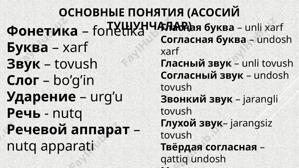 мускулчадан иборат булиб, бугиз устига горизонтал (кундаланг) тортилган булади. чикаётган хаво таъсирида товуш пайчалари титрайди. полость рта — огиз бушлиги. огиз бушлиги товушни кабул килади. шу билан бирга, у товушларни турли тусга киритувчи резонаторлик вазифасини бажаради. огиз бушлирининг хажми ва шакли бошка нутк органлари (тил, лаб, юмшок танглай, пастки жаг) нинг таъсирида турлича холатга кириши мумкин. язык – тил. нутк товушларининг пайдо булиш урнига караб тилни учга булиб курсатиш мумкин: 1) тилнинг орка кисми — тилнинг юмшок танглайга карама-карши кисми; 2) тилнинг урта кисми— тилнинг каттик танглайга карама-карши кисми; 3) тилнинг олдинги кисми — тилнинг учи. губы – лаблар полость носа – бурун бушлиги нижняя челюсть – пастки жаг звуки речи бывают гласными и согласными: звуки речи гласные согласные ударные безударные твёрдые мягкие звонкие глухие гласных звуков – 6 согласных звуков - 21 буквы русского языка буквы русского языка курсатилган уттиз уч харфдан олтитаси — а, о, и, у, э, …