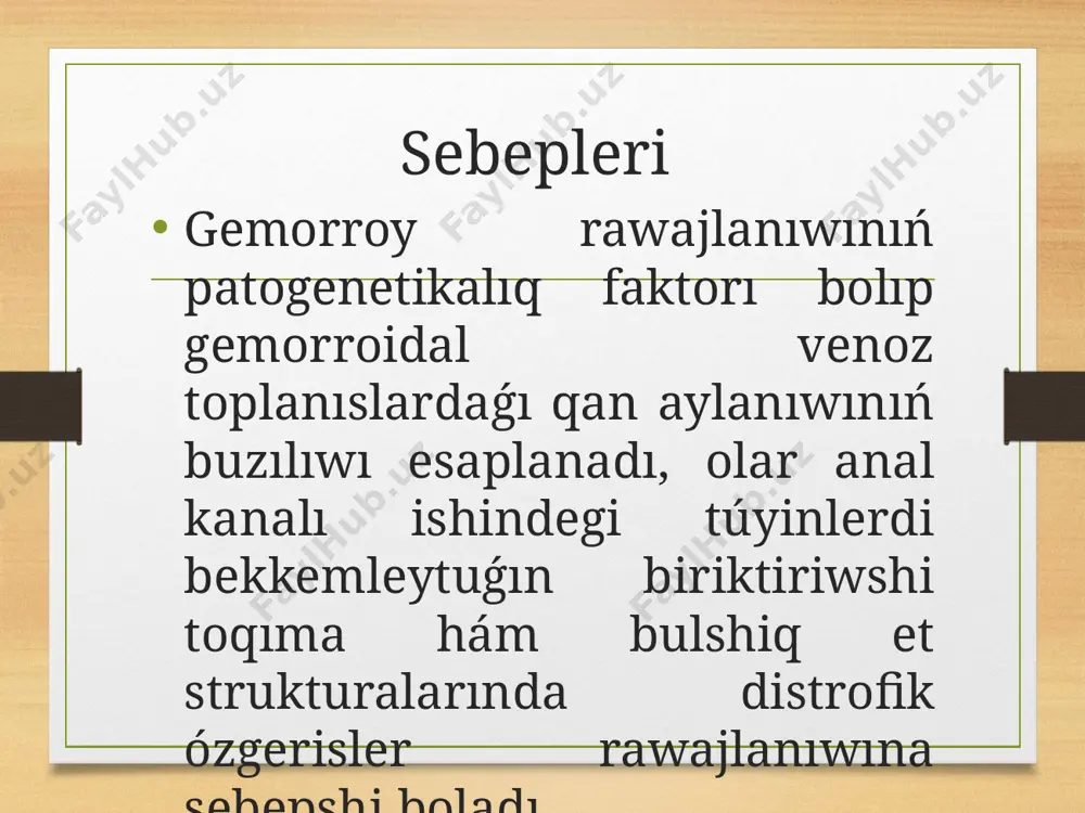 eriw nauqaslar tárepinen ádeuir jaqsı ótkeriledi hám ishki gemorroidal túyinler jaylasqan zonani kóriw imkaniyatın beredi. kúshlengende ishki gemorroidal túyinler anoskopa tesigine túsip qalıwı múmkin. rektoromanoskopiya gemorraga gúman etilgen barlıq nawqaslarǵa buyırıladı. eger 25 santimetr biyiklikke shekem rektomanoskopiya ótkeriw imkaniyatı bolmasa yamasa juwan ishektiń joqarı bólimleri patologiyası bar bolsa, irrigoskopiya yamasa kolonoskopiya ótkeriledi. gemorroydı emlew konservativ terapiya gemorroydı emlew taktikası kesellik basqıshına qarap tanlanadı. dármaqlar menen emlew kóbinese keselliktiń birinshi hám ekinshi basqıshlarında, keselliktiń ótkir dáwirinde sheklenedi. konservativ emlewde tez-tez ushırasatuǵın diareyalarda shayıqtıń normallastırılıwına hám defekatsiya qıyınlasqanda onıń jumsarılıwına járdem beretuǵın dieta buyırıladı. zárúr bolǵanda jumsartıwshı preparatlar buyırıladı. uliwma terapiya sipatında vena diywalların bekkemlewge járdemlesetuģın preparatlar (flebotrop dárilik zatlar - diosmin) da usinis etilgen. jalıńlanıwǵa qarsı, emlewshi, awırıwdı anesteziyalawshi, qan toqtatıwshı hám jergilikli qan aǵıwın jaqsılawshı dárilerge iye sham hám surtpalar jergilikli qollanıladı. kem invaziv usıllar erte basqıshlarda gemorroy keselligin emlewdiń nátiyjeli ilajları gemorroidal túyinlerdi alıp taslawdıń az jaraqatlı usılları bolıp …