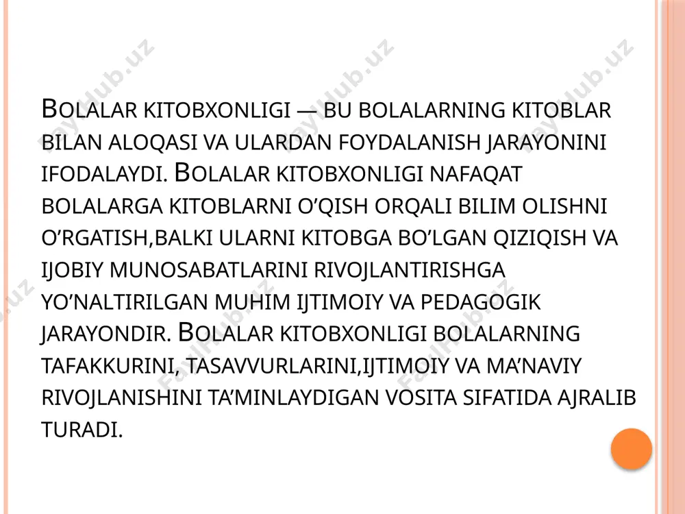 onal rivojlanish: kitoblar bolalar uchun hissiy jihatdan boyituvchi manbadir. o’qish jarayonida bolalar boshqa odamlarning his-tuyg’ularini tushunishni o’rganadilar, o’z his-tuyg’ularini ifodalashni o’zlashtiradilar va o’zaro munosabatlarni yaxshilashga yordam beradi. 5. ijtimoiy rivojlanish: kitoblar bolalarga ijtimoiy mavzularda fikr yuritish, boshqalar bilan muloqot qilish va jamiyatda o’z o’rnini topish imkonini beradi. o’qish orqali bolalar turli ijtimoiy rollarni o’rganadilar va boshqalar bilan qanday aloqalar o’rnatish kerakligini tushunadilar. bolalar kitobxonligini shakllantirishda asosiy faktorlar: 1. kitoblarni tanlash: bolalar uchun kitoblar yoshga mos va ularning qiziqishlariga mos bo’lishi kerak. ertaklar, multfilmlar, hikoyalar, ilmiy kitoblar va boshqalar bolalarga turli mavzularda bilim olishga yordam beradi. bolalarga tushunarli, o’zgacha, rang-barang va ijodiy asarlar taklif etilishi muhimdir. 2. o’qishning ijtimoiy muhiti: bolalar o’z oilasida va maktabda kitob o’qishga bo’lgan munosabatni o’rganadilar. agar ota-onalar va o’qituvchilar kitob o’qishni qo’llab-quvvatlasalar,bolalarda kitobga bo’lgan qiziqish va hurmat shakllanadi. oiladagi o’qish muhitini yaratish bolalar uchun muhim omil hisoblanadi. 3. o’qishga o’rgatish usullari: bolalarni kitob o’qishga rag’batlantirish uchun …