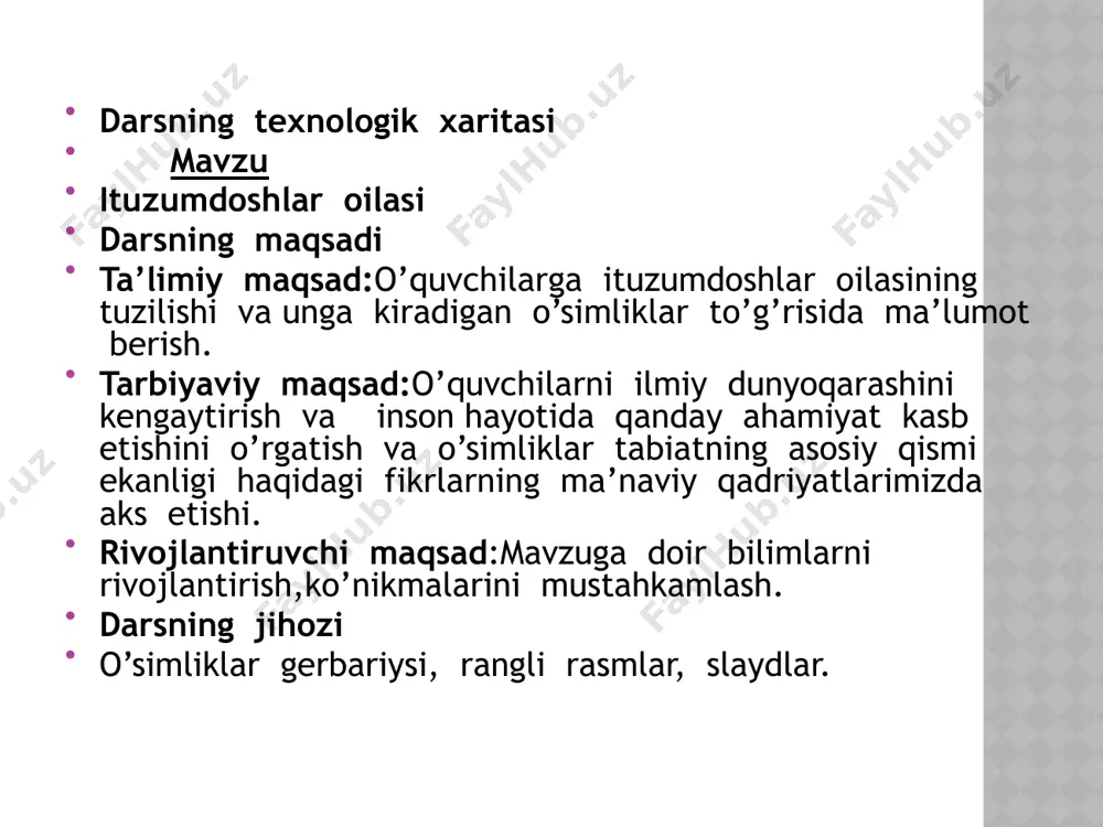 ryong’oq, tuxumak. g’o’za, kanop, gulxayri-gulxayridoshlar oilasi ismaloq,lavlagi, jag’-jag’, karam, rediska,o’sma, sholg’om, karamdoshlar oilasi tugmachagul,mosh, yeryong,oq,burchoq-burchoqdoshlar oilasi bu usul yordamida o’quvchilar o’simliklarni qaysi oilaga kirishini eslab qoladilar. keyingi usul “o’simliklar to’g’risida ma’lumot” bunda 3 ta guruhga 3tadan o’simliklar so’zi beriladi.har qaysi guruh shu o’simlilar to’g’risida ma’lumot aytadilar. o’tloq sebargasi yantoq yeryong’oq o’tloq sebargasi-bo’yi 25-50 sm keladigan ko’p yillik o’t.uasosan tog’ etaklarda, daryolarda va ariqlarning orasida uchraydi. yantoq-asosan tog’ etaklardagi tekisliklarda va cho’llarda o’sadi o’zbekistonda 4ta tur o’sadi. yerg’ong’oq- asosan sug’oriladigan yerlarda ekiladi.vatani braziliya, bir yillik o’t, juft patsimon murakkab barg. uchta guruhdan bittadan o’quvchi o’simliklarga shu tariqa ma’lumot berishadi. keyingi usul “raqamli diktant”bunda o’qituvchi qo’yidagiatamalarni doskaga yozib qo’yadi. 1.kapalak 2.yelkan ,bayroqcha 3.qanotcha, eshkak 4.qayiqcha. so’ngra o’qituvchi qo’yidagi savollarni o’qiydi.oquvchilar doskadagi so’zlar orasidan shu savolga tegishli javobni raqamini yozadilar. 1.burchoqdoshlar oilasining gultoji qanday shaklda? 2.bir-biri bilan qo’shilgan bir juft ostki gultojbarg nima deyiladi? 3.gultojbargning ustidagi eng yirikrog’i nima deyilai? 4.ikki yoniga joylashganichi? …