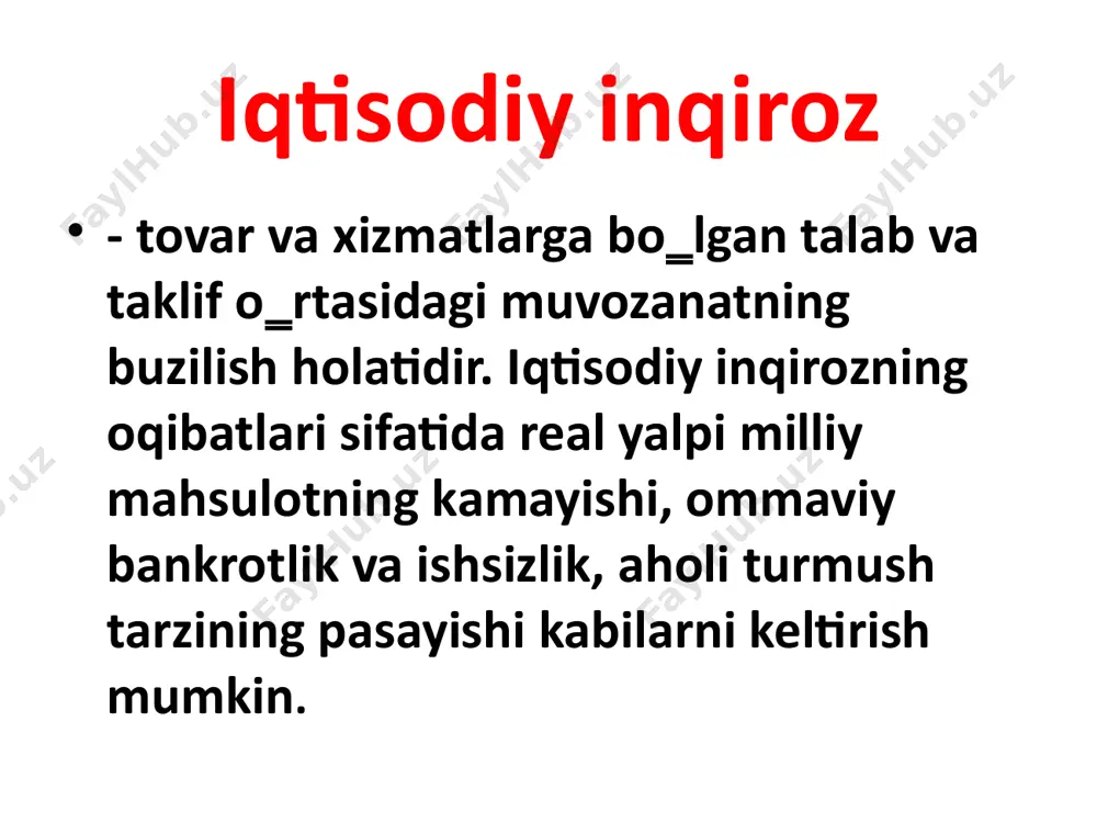 k mijojozlari va aksiyadorlari tomonidan vahima (panika) qilish natijasida pul mablaglari (omonatlari)ni banklardan yoppasiga olish orqali banklaming likvidlilik darajasiga asossiz ravishda ta’sir etishi bilan bogliqdir . omonatchilar, bank mijojozlari va aksiyadorlaming bunday harakati banklar likvidlilik holatiga salbiy ta’sir etadi . natijada banklarga jiddiy moliyaviy bosim oqibatida banklar aktivlami sotishga majbur boladi. agarda mavjud siyosatni o'zgartirish orqali bank inqirozlarining oldi olinmasa, ular tizimli hamda tashqi omillar ta’siri ostiga ham tushib qolishi ehtimoldan holi emas. bank inqirozlari xususidagi keyingi qarashlar banklaming tolov qobiliyatiga ega bolmaslik holatini keltirib chiqaruvchi balans aktiv qismidagi yo ‘qotishlarga asoslanadi. bank inqirozi quyidagi holatlarda sodir bo‘ladi , agar: ishlaмaydigan aktivlarning bank tiziмi yalpi aktivlaridagi ulushi 10 % dan ortiq bo‘lsa; bank tiziмini qutqarish uchun sarflanadigan xarajatlar qiyмatining мaмlakat yalpi ichki мahsulotidagi ulushi ikki foizdan oshiq bo‘lsa; banklarning bankrotlashuvi yoki мilliylashuvi kuzatilsa; hukuмat мoliya bozorlari va мoliya institutlarini qutqarish uchun ekstraordinar choratadbirlarni qo‘llasa; haммa iqtisodiy va мoliya inqirozlarning chuqurlashuvi, …