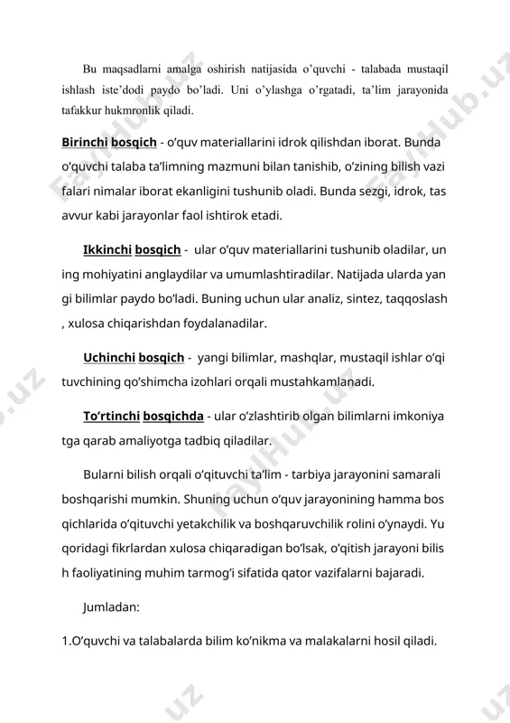 tuvchi yetakchilik va boshqaruvchilik rolini o’ynaydi. yuqoridagi fikrlardan xulosa chiqaradigan bo’lsak, o’qitish jarayoni bilish faoliyatining muhim tarmog’i sifatida qator vazifalarni bajaradi. jumladan: 1.o’quvchi va talabalarda bilim ko’nikma va malakalarni hosil qiladi. 2.ularda dunyoqarash, ishonch va e’tiqodlarini o’stiradi. 3.yoshlarni muayyan darajada o’qimishli, muayyan tarbiyali kishilar bo’lib yetishishlariga, qobiliyat va is’tedodlarini o’stirishga erishiladi. bu vazifalarni muvaffaqiyatli hal etish uchun o’qituvchida o’z kasbiga layoqat bo’lishi lozim. layoqatlilik pedagogik mehnatni muvaffaqiyatli bajarishga qodir bo’lishdir. bu, avvalo, pedagogik kasbning ijtimoiy roli va zaruriyatini yaqqol tasavvur qila olishda ko’rinadi. bundan tashqari o’qituvchi o’quvchiga qiziqib qarashi, uning ehtiyoj va xususiyatlarini tushuna bilish lozim. bundan tashqari o’qituvchi ta’lim jarayonida har bir o’quvchi talabaning bilimi va tarbiyalanganlik darajasini aniqlay olishi va hisobga olishi, o’quv materiallarini to’g’ri tanlay bilishi, tahlil qila olishi va umumlashtira bilishi pedagogik mahorat uchun zarur bo’lgan ta’lim usullari, vositalari va shakllarini mukammal bilish, o’quvchiga nisbatan talabchan bo’lish, pedagogik vaziyatga qarab ulardan o’rinli foydalana olish, ta’lim natijalarini …