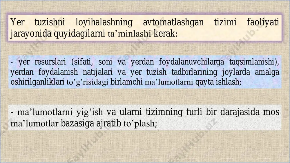 langan egri chiziqlar, yoylar va segmentlardan tashkil topgan ichki nuqtalari va qo'shimcha tasvirlari bilan aniqlanadi. grafikaviy taxrirchi - ytlatning tarkibiy qismi sifatida 2 grafikaviy taxrirchi - ytlatning tarkibiy qismi hisoblanadi va rastrli tasvirni vektorli shaklga aylantirishni ta’minlaydi. rastr - bu tasvir elementlarining (piksellar) to’g’ri burchakli raqamli matritsasidir; piksel - tasvir elementi (tasvirning eng kichik bo’lagi) bo'lib, tasvirni diskretlash natijasida olinadi. rastrli ko’rsatish (ma’lumotlarning rastrli modeli) - bu obyekt sinfi qiymatlari biriktirilgan rastr kataklari (piksellar) to'plami shaklidagi kenglik obyektlarining raqamli kо'rinishidir. kenglik - lokal ma’lumotlar (kenglik obyekti to'g'risidagi ma'lumotlar, kenglik ma'lumotlari, geografik ma'lumotlar) - bu kenglik obyektlari to'g’risidagi raqamli mа’lumotlar bo’lib, о’z ichiga ularning xususiyatlari (kenglik va nokenglik atributlari) va ularni kenglikda lokallashtirish to’g’risidagi mа’lumotlarni oladi. grafikaviy redaktor ytlat mbning o’rnini tashkil etuvchi qismi avtomatlashgan tarzda to’g’rilash bilan monitor ekranidagi raqamli tasvirni tahrirlashni ta’minlovchi funktsiyalar to’plamiga ega bo’lishi kerak. rastrli - vektorli о'zgartirish (vektorlash) — bu kenglik obyektlarining rastrli ko’rinishini vektorli …