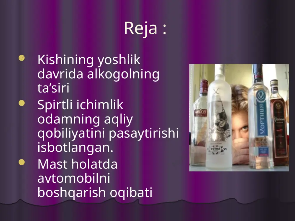 shqarish oqibatida yuz bergan bunday jinoyatlarga misollar oz emas. tashvish bilan qayd etish lozimki, spirtli ichimlik iste’molchilari yoshi yosharib bormoqda. hali ona su­ti og‘zidan ketmagan yoshlar orasida spirtli ichimliklarga ro‘ju qo‘yganlar borligiga befarq qarab bo‘l­maydi. albatta, ularning bu boradagi «ustozi» kattalar hisoblanadi. psixologlar bolada o‘zidan yoshi kattalarga ko‘r-ko‘rona taqlid qilish xususiyati kuchli ekani, shuning uchun bola o‘sayotgan muhit uning tarbiyasida muhim o‘rin tutishini ko‘p bor ta’kidlashgan. buni xalqimiz «qush uyasida ko‘r­ganini qiladi» deydi. eslayman, 10 mingdan ziyod odam istiqomat qiladigan kattakon qishlog‘imizda bitta piyonista bo‘lardi. bugun esa qishloqda o‘nga yaqin oshxona bor, mijozlarning aksariyati qishloq yoshlari. ular yig‘ini «yuzta-yuzta»siz o‘tmaydi. bu oddiy ho­latga aylangan. to‘y dasturxonlari to‘kinligi esa ichkilik bilan baholanmoqda. hatto og‘iz ko‘pirtirib, maqtab qo‘yiladi: «falon so‘m­lik qimmat aroq qo‘ydi, chet elniki ekan...». image1.png image2.jpeg image3.jpeg image4.jpeg image5.jpeg image6.jpeg