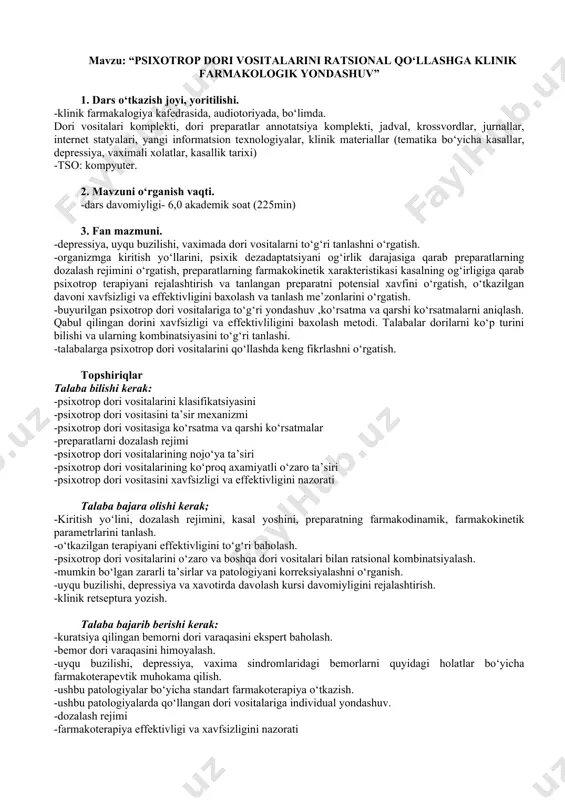 iri -psixotrop dori vositasini xavfsizligi va effektivligini nazorati talaba bajara olishi kerak; -kiritish yo‘lini, dozalash rejimini, kasal yoshini, preparatning farmakodinamik, farmakokinetik parametrlarini tanlash. -o‘tkazilgan terapiyani effektivligini to‘g‘ri baholash. -psixotrop dori vositalarini o‘zaro va boshqa dori vositalari bilan ratsional kombinatsiyalash. -mumkin bo‘lgan zararli ta’sirlar va patologiyani korreksiyalashni o‘rganish. -uyqu buzilishi, depressiya va xavotirda davolash kursi davomiyligini rejalashtirish. -klinik retseptura yozish. talaba bajarib berishi kerak: -kuratsiya qilingan bemorni dori varaqasini ekspert baholash. -bemor dori varaqasini himoyalash. -uyqu buzilishi, depressiya, vaxima sindromlaridagi bemorlarni quyidagi holatlar bo‘yicha farmakoterapevtik muhokama qilish. -ushbu patologiyalar bo‘yicha standart farmakoterapiya o‘tkazish. -ushbu patologiyalarda qo‘llangan dori vositalariga individual yondashuv. -dozalash rejimi -farmakoterapiya effektivligi va xavfsizligini nazorati -mumkin bo‘lgan zararli ta’sirlar va korreksiyalash -ratsional va noratsional kombinirlangan dori vositalar sog‘lom hayot tarzi elementlari. uyqu buzilishi, depressiya, vahima sindromli bemorlarni ba’zida emotsional xolatni yaxshilash va yaxshi dam olish bilan tezda xolatni yaxshilash mumkin. psixotravma to‘g‘risida analiz qilish va imkoni boricha bemorni bu …