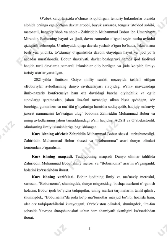 n iborat. ishda o‘rganilishi e’tiborga olingan ma’lumotlar tushunarli ravishda ifodalab berildi.ishga qo‘yilgan maqsadga erishishi uchun to‘plangan adabiyotlar manbalarning nomlari va elektron manzillari keltirildi. i bob. bobur shaxsi dunyo olimlari nigohida 1.1. zahiriddin muhammad bobur shaxsi dunyo olimlari tomonidan o‘rganilishi so‘nggi temuriy shahzodalardan zahiriddin muhammad boburning jozibador shaxsi, jo‘shqin hayoti va faoliyati, insoniy fazilatlari, jahon faniga qo‘shgan hissasi hamda avlodlariga bag`ishlab ko‘plab ilmiy-tarixiy, badiiy asarlar yaratilgan. ta’bir joiz bo‘lsa, jahon tarixnavislik ilmida “eng ko‘p va xo‘p” o‘rganilgan vatandoshimiz ham boburdir. ayni kunga qadar o‘zbek yozuvchilaridan tashqari bobur haqida asar yaratgan bir necha o‘nlab chet ellik mualliflarning nomlari tanish. jumladan, 1995-yili “cho‘lpon” nashriyotida ingliz tarixchisi u.erskinning “bobur hindistonda” asari, hind tarixchisi l.p.sharmaning 1988-yili dehlida bosilgan “boburiylar saltanati” asari, amerikalik olim s.m.berkning “akbarshoh – boburiylarlarning eng buyugi” (berk akbarshoh shaxsiyati va faoliyati misolida hindistonga bobur asos solgan, jahon tarixiga, “buyuk mo‘g`ul imperiyasi” nomi bilan kirgan saltanatning mustahkam tomir yozish jarayonini tasvirlaydi) asarlarida boburga …