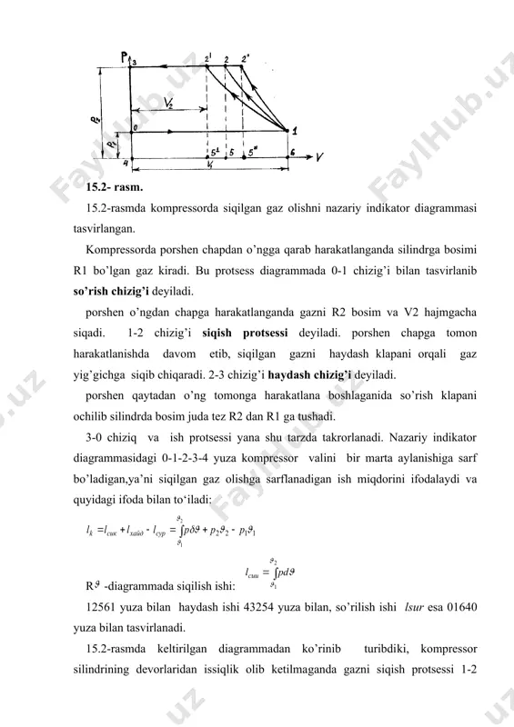 i olish maqsadida siqilayotgan gazning temperaturasini pasaytirish uchun ham silindrni sovitib turish lozim. bir bosqichli kompressor bosimini oshirishni cheklovchi yana muhim omillardan biri-haydash bosimi oshishi bilan unumdorligining pasayishidadir. shuning uchun bir bosqichli kompressorlar bosimi 0,8-1,0 mpa dan yuqori bo’lmagan siqilgan gaz olishda ishlatiladi. gazni ancha yuqori bosimlargacha siqish uchun uni bosqich bi​lan, ya’ni oraliq sovitish yo’li bilan bir necha marta siqish kerak bo’ladi. ko’p bosqichli porshenli kompressor ko’p bosqichli porshenli kompressorlar yuqori bosimli gaz olish uchun qo’llaniladi. gazni siqish politropa bo’yicha ketma-ket bir necha silindrda oraliq sovitish bilan amalga oshiriladi. 15.3-rasm. 15.4-rasm. 15.3-rasmda uch bosqichli porshenli kompressorning sxema​si, 15.4-rasmda esa undan sodir bo’ladigan protsessning rv diagrammasi ko’rsatilgan. gaz 0-1 protsessida ‘ast bosimli silindr ts1 ga so’rilib, 1-2 politropa bo’yicha r2 bosimgacha siqiladi va sovitkich s1 ga o’tadi. gaz sovitkichda o’zgarmas bosimda dastlabki temperaturasi t1 gacha sovitilib, ikkinchi bosqich ts2 ga beriladi va bu yerda politropa 2-3 bo’yicha r3 bosimgacha siqiladi. …