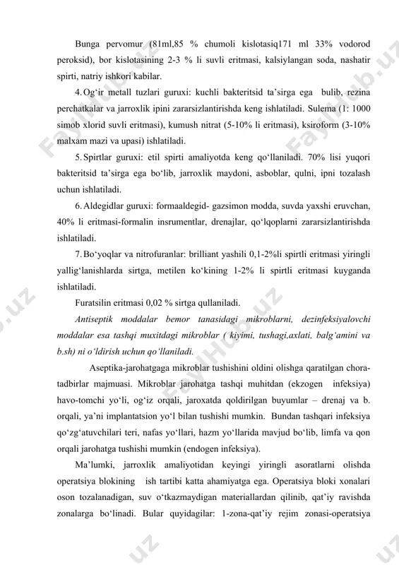 rni olishda operatsiya blokining ish tartibi katta ahamiyatga ega. operatsiya bloki xonalari oson tozalanadigan, suv o‘tkazmaydigan materiallardan qilinib, qat’iy ravishda zonalarga bo‘linadi. bular quyidagilar: 1-zona-qat’iy rejim zonasi-operatsiya xonalari kiradi, 2-operatsiya oldi zonasi, 3-zonaga qon, ko‘chuvchi tibbiy apparatlar va b. saqlanadigan xonalar kiradi. 4-zonaga yordamchi xonalar kiradi. qontakt infeksiyalarning jarohatga tushishini oldini olish maqsadida jarroh qo‘lini turli usullar bilan zararsizlantiradi. qo‘lni zararsizlantirishda spasokukotskiy-kochergin, alfeld usullaridan, serigel, degmen, degmitsid bilan yuvish usullaridan foydalaniladi. jarrohlik amaliyotida ishlatiladigan asboblarni, oqlik va bog‘lov materiallarini zararsizlantirishda serilizatsiyaning turli usullaridan foydalaniladi. qon oqishi va qon yo‘qotish qon oqishi deb qon tomirlardan qonning chiqishiga aytiladi. qon oqishi sababiga kura 2 xil bo‘lishi mumkin: 1) qon tomir butunligi buzilmasdan turib (diapedez tufayli), 2)qon tomirlar devori butunligi buzilishi bilan. bu turdagi qon ketishlar a’zo va to‘qimalarga bevosita mexanik ta’sir oqibatida (favqulodda vaziyatlar, transport xodisalar va xak); yoki kasallik tufayli (yallig‘lanishlar, o‘sma kasalliklari, nekroz oqibatida) sodir bo‘lishi mumkin. oxirgi qayd etilgan …