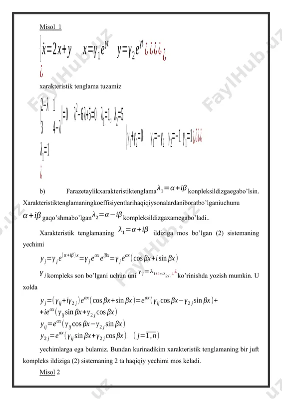 arni tashkil etadi. agar a(x) matrisa funksiya, o’zgarmas matrisa bo’lsa. o’zgarmas koeffisiyentli matrisali tenglamaning yechimini ko’rinishda izlaymiz bunda tartibli matrisa agar o’zgarmas matrisa uchun tenglik bajarilsa, u xolda son a matrisaning xos soni (xos qiymati), vektorga esa ga mos bo’lgan xos vektor deyiladi. teorema.y(x) matrisa (9) tenglamaning fundamental matrisasi bo’lishi oraliqdagi qiymatlar uchun shartining bajarilishi zarur va yetarlidir. teorema 2.agar matrisa (9) tenglamaning biror intervalda aniqlangan matrisali yechimi bo’lsa u xolda xam bu tenglamaning yechimi buladi. ya’ni s, tartibli ixtiyoriy o’zgarmas matrisa xakikatan xam (10) tenglamaning ikki tomonini ungdan c matrisaga kupaytiramiz. \c o’zgarmas matrisa bo’lgani uchun ya’ni y1c (9) tenglamani yechimi buladi. xulosa bu kurs ishida o’zgarmas koeffisiyentli chiziqli bir jinsli differensial tenglamalar sistemasini matritsalar usulida yechish haqida keltirib o’tilgan. bunday sistemaning sodda ko’rinishi dan iborat, bunda o’zgarmas sonlar. esa ko’rilayotgan oraliqda aniqlangan va uzluksiz funksiyadir. ma’lumki, bir jinsli bo’lmagan chiziqli differensial tenglamalar sistemasining umumiy yechimini topish uchun, unga …