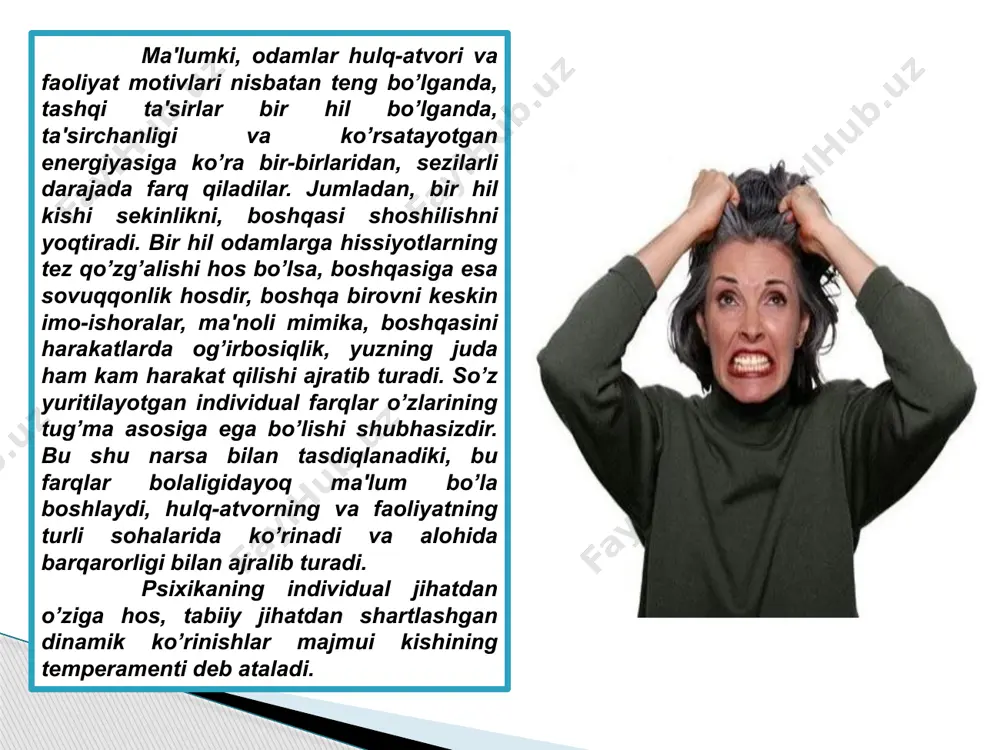 ual xususiyatlari temperamentning tabiiy asosi hisoblanadi, degan edi. p. f. lesgaftning g’oyasi ham shu nuqtai nazarga yaqin edi. bu olim temperamentning asosida qon aylanishi (jumladan, qon tomirlari kengligi va tarangligi, ularning bo’sh joyi diametri, yurakning shakli va hokazolar) xususiyati yotadi deb yozgan edi. yuragi keng, barqaror intilishlarga va kayfiyatlarga, doimiy va chuqur his-tuyg’ularga, harakatlari va nutqi bir hil maromda bo’lgan, ruhiy holati tashqi tomonda ifoda etiladigan kishi holerik deb ataladi. nemis psixiatri z. krechmer individning psixik tuzilishi tana tuzilishiga, tananing umumiy konstruktsiyasiga to’g’ri keladi, degan edi. sezgilarli psixik aktivlikka ega bo’lgan, atrofda bo’layotgan voqealarga tez munosabat bildiruvchi, tassurotlarini hadeb o’zgartirishga intiluvchi, muvoffaqiyatsizliklar va ko’ngilsizliklarni nisbatan engil o’tkazib yuboruvchi, jonli, harakatchan, ifodali mimikasi va harakatlari bo’lgan kishi sangvinik deb ataladi. ta'sirchan, chuqur kechinmali, gap ko’tara olmaydigan, ammo atrofdagi voqealarga unchalik e’tibor bermaydigan, o’zini to’htata oladigan harakatlar qiladigan va sekin ovoz chiqaradigan kishilar melanxolik deb ataladi. flegmatik - senzitivligi sust, his-tuyg'usi kam …