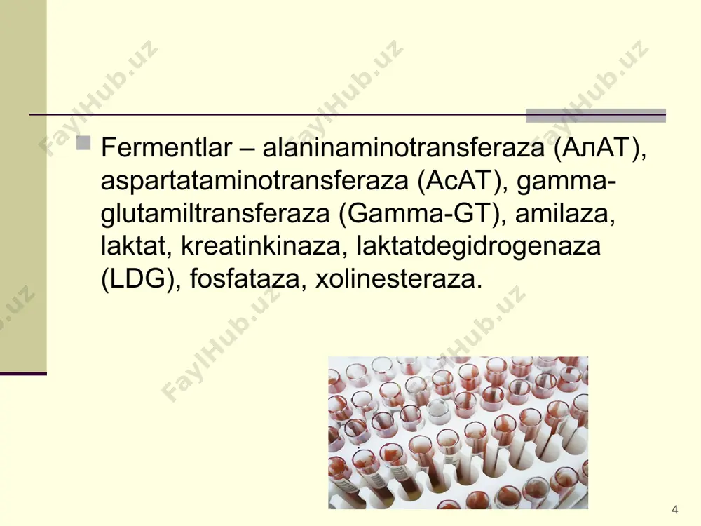 rmal ko’rsatkichi: 98-107 mmol/l temir – hayot uchun eng zarur microelement, gemoglobin tarkibiga kiradi, kislorod tashishda qatnashadi va qon hosil bo’lishida qatnashadi. normal ko’rsatkichi: erkaklarda – 11,64-30,43 mkmol/л ayollarda – 8,95-30,43 mkmol/л * kreatinin – muskul to’qimasida energetic vazifani bajaradi. buyraklar orqali to’liq chiqarib yuboriladi. shuning uchun uning qondagi konsentratsiyasi buyrak kasalliklarida aniqlanadi. normal ko’rsatkichi: erkaklarda – 62-115 mkmol/л ayollarda – 53-97 mkmol/л * * past molekulali azot moddalari normada: xomilada (kindik tizimchasidan olingan qonda) 53-106 mkmol/l yacht 1-4 kun 27-88 mkmol/l 1-10 yoshgacha 27-62mkmol/l o’smirlarda (10-18) 44-88 mkmol/l ortadi: buyrak f-yasining turli genezli o’tkir va surunkali kasalliklarida,kuchli ijtimoiy zo’riqish,krashsh sindromi,nur kasalligi,yurak yetishmovchiligida soxta oshishi – mushak massasi kuchli rivojlangan ayrim atletlarda,qd,nefrotoksik ta’sir qiluvchi dorilar ichganda pasayishi(diagnostik ahamiyatga ega emas): ochlik, mushak massasi kamayishi, xomiladorlikning 1-2-trimestri, vegetarianlarda, mushak atrofiyasi. soxta pasayishi : kortikosteroidlar qo’llagan vaqtda. * mochevina – organizmda oqsil almashinuvining qoldiq moddalari hisoblanib, mochevina buyraklar orqali organizmdan chiqariladi, shuning …
