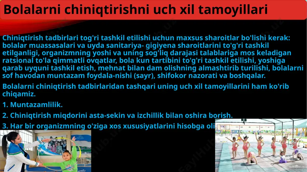 alo ham chiniqtirish bunda terining qizarishi va asta-sekin isishi sodir bo'ladi. bunda odam issiqlikdan xushnud bo'lib tetiklashadi va unda muskullar faolligi paydo bo'ladi. qon tomirlarining qisqarishi, keyinchalik esa ularning - bu yurak-qon tomir tizimi uchun o'ziga xos bir gimnastika bo'ladi. buning natijasida qon aylani- shi yaxshilanadi. sovuq suvda chiniqish eng avvalo organizmdagi termoregulatsiyaning takomillashuvidir. suv tadbirlari artinish, boshdan suv quyish, dush, cho'- milish (basseyn, daryo, ko'l, dengiz) kabi muolajalardan iborat. shifokorning bolalarning yakka xususiyatlari va sog'lig'ini hi- sobga olib bergan tavsiyasi bu muolajalarni belgilash uchun asos bo'lib xizmat qiladi. artinish hamma yosh guruhlarida yumshoq bo'lmagan qo'l- qopchalar bilan o'tkaziladi. doira yoki yarim doira bo'lib tur- gan holda, ular bir vaqtda ko'krak, yelka va qo'llarini ishqalab artadilar, shundan so'ng o'girilib qo'lqoplarining orqada tur- gan bolalarga beradilar va ularning har biri o'rtog'ining orqasi- ni ishqalaydi. shunday qilib bola artinish jarayonida harakatda bo'ladi, sovuq qotmaydi va tarbiyachi rahbarligida zarur hayotiy ko'nikmaga o'rganadi. butun …