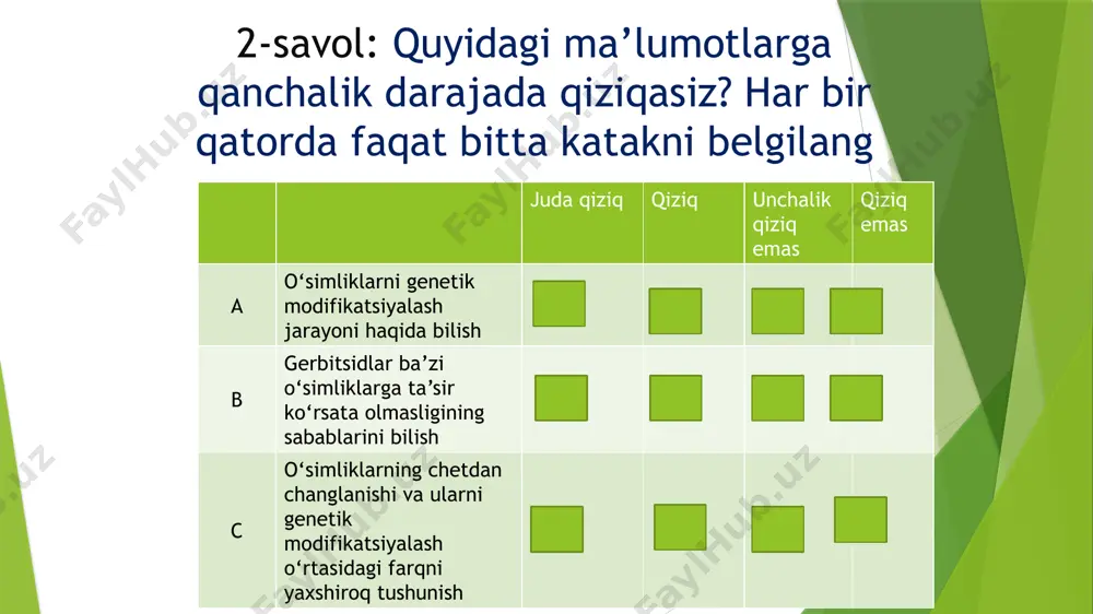 keng tarqalmoqda. quyidagi diagrammada 2003-yil davomida shifoxonalardan birida ko‘chirib o‘tkazilgan organlar soni ko‘rsatilgan. buyraklar jigar yura o‘pkalar ko`chirib o`tkazigan organlar soni 60 50 40 30 20 10 0 yuqoridagi diagrammaga asoslanib, quyidagi xulosalarga kelish mumkinmi? diagrammada keltirilgan ma’lumotlar asosida quyidagi xulosalarga kelish mumkinmi? ha yoki yo‘q agar o‘pkalar ko‘chirib o‘tkazilgan bo‘lsa, u holda yurakni ham ko‘chirib o‘tkazish zarur ha / yo‘q buyraklar odam tanasidagi eng muhim a’zolardir ha / yo‘q organlar ko‘chirib o‘tkazilgan aksariyat bemorlarning buyraklari kasallangan ha / yo‘q har bir xulosa uchun “ha” yoki “yo‘q”ni aylanaga oling baholash mezoni . mazkur topshiriqni bajarish uchun o‘quvchilar diagrammada keltirilgan ma’lumotlarni talqin etishlari va xulosa chiqarishlari kerak: buyraklar eng ko‘p ko‘chirib o‘tkazilgan a’zolardir, demak, ko‘pchilik odamlarning buyraklari kasallangan. agar o‘quvchilar quyidagi ketma-ketlikda uchta to‘g‘ri javobni belgilashsa, javob to‘liq qabul qilinadi (1 ball): yo‘q, yo‘q, ha. javob yo‘q yoki boshqa javoblar belgilangan bo‘lsa, javob qabul qilinmaydi (0 ball). mazkur topshiriq o‘quvchilarning ma’lumotlar …