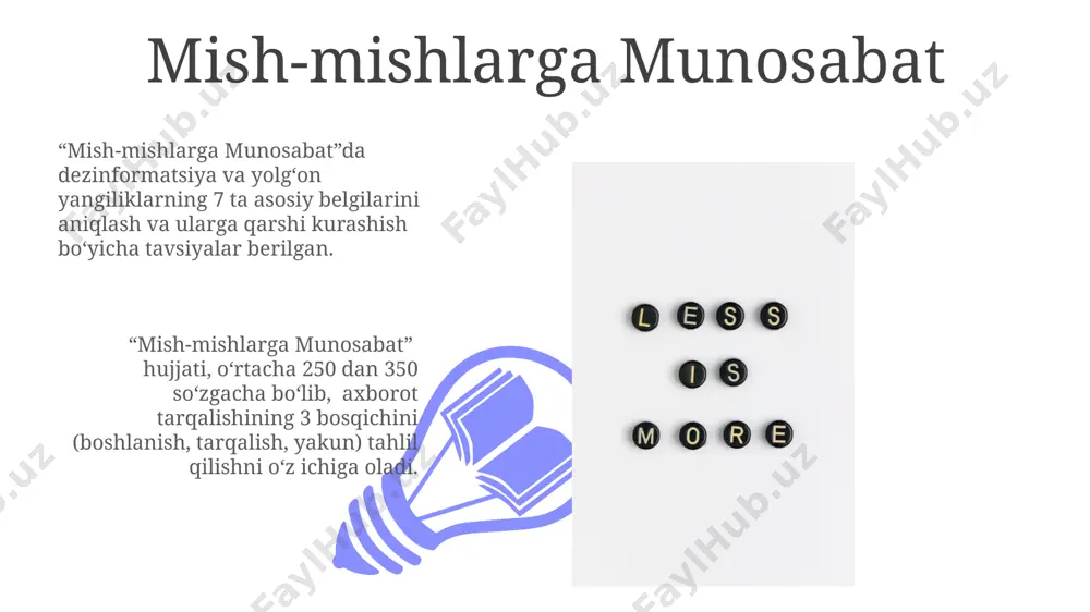 arning tarqalishini kamaytirish, o'rtacha 3-5 kun ichida sezilarli natijalarga erishish mumkin. sotsial tarmoqlarda mish-mishning tez tarqalishiga qarshi kurashishda, algoritmlarni tahlil qilish va "dezinformatsiya" deb belgilangan xabarlarni 10% ga kamaytirish mumkin, bu esa axborot xavfsizligini mustahkamlashga yordam beradi. axborot manbalarini tanlash 01 02 ishonchli axborot manbalarini aniqlashda ularning avtoriteti, nashr etilgan sanasi va manba sifatida keltirilgan boshqa 5 dan ortiq manbalarga ega ekanligi muhim omillar hisoblanadi. sales 1st qtr 2nd qtr 100 0 sales 1st qtr 2nd qtr 100 0 mish-mishlarning ta'siri mish-mishlar ijtimoiy tarmoqlarda 30% gacha bo'lgan noto'g'ri ma'lumotlar tarqalishining sababchisi bo'lib, ommaviy axborot vositalarining ishonchlilik darajasiga salbiy ta'sir ko'rsatadi. psixologik tadqiqotlar shuni ko'rsatadiki, mish-mishlarning ta'siri odamlarning 60% da stress va tashvish hissiyotlarini keltirib chiqarishi mumkin. e'tiboringiz uchun rahmat @taqdimot_robot image4.jpg image5.jpg image6.jpg image7.jpg image8.jpg image9.jpg image10.jpg image11.jpg image12.jpg image13.jpg image14.jpg image15.jpg image16.jpg image1.jpeg image2.jpeg image3.jpeg