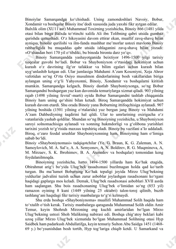urush yanada kuchaydi. hokimiyat tepasiga uning nabirasi - abulxayr shayboniy (1488-1510) kelganidan so‘ng o‘zbek feodallarining nizolari barham topdi. u ko‘pchilik o‘zbek urug‘larini birlashtirib. temuriylarga qarshi chiqdi. xu asr oxiri, xu1 asr boshlarida ko‘chmanchi o‘zbeklarning o‘rta osiyoning madaniy ray-onlariga tomon harakatlanishi avj oldi. biz «nusratnoma» da o‘sha davr tarixiy sharoitning qanchalik murakkabligi, movarounnahr xalqining noroziligi kuchayishining, samarqand, buxoro, o‘sh, axsi, andijon, qarshi, qorako‘l va o‘rta osiyoning boshqa ko‘plab shahar va mintaqalaridagi qo‘zg‘olonlarning sabablarini tushunish uchun ko‘plab qiziqarli ma’lumotlar topamiz. muallif qorako‘l qo‘zg‘oloni to‘g‘risida ayniqsa muhim ma’lumotlarni keltiradiki, ularni xu1 asrning boshqa birorta manbasida uchratmaymiz. o‘zbek xalqi etnogenezi, xu-xu1 asrlardagi o‘rta osiyo aholisining etnik tarkibi bilan shug‘ullanayotgan etnograf ham bu kitobdan juda qiziqarli ma’lumotlar olishlari mumkin. shunday qilib, barcha turk va mo‘g‘ullarning afsonaviy bobosi hisoblangan o‘g‘izxon sulolasi tarixi «tavorixi guzida»ning birinchi qismini egallaydi. ikkinchi qism esa chingizxon va uning avlodlari tarixini, shayboniyxonning tug‘ilishidan, to samarqand taxtiga o‘tirgunicha o‘tgan davrni o‘z ichiga oladi. …