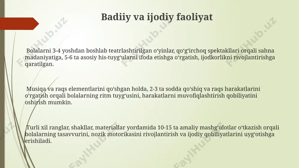 bilan ta'minlaydi. til rivojlanishi va savodxonlik bolalarni maktabga tayyorlashda qisqa muddatli guruhlarda o'yin orqali nutq rivojlantirish, 5-6 yoshli bolalarning lug'at boyligini 2000 so'zgacha oshirishga yordam beradi. savodxonlik ko'nikmalarini rivojlantirishda, harflarni taniy olish, sodda hecelerni o'qish va yozish, 15-20 daqiqali mashg'ulotlar samarali hisoblanadi. qo'shimcha ta'lim sifatida hisob-kitob ko'nikmalarini rivojlantirish, 10 gacha bo'lgan sonlarni hisoblash va sodda matematik amallarni bajarish muhim ahamiyatga ega. matematika asoslari ranglarni farqlash, guruhlash va ularni nomlash, shuningdek, sonlar va ranglarni birlashtirgan oddiy hisoblash mashqlari bolalarning matematik mantiqiy fikrlashini shakllantirishda yordam beradi. geometrik shakllar (doira, kvadrat, uchburchak) bilan tanishtirish, ularning xususiyatlarini aniqlash va turli xil oʻlchamdagi shakllarni solishtirish kabi vazifalar bolalarning fazoviy tasavvurini rivojlantiradi. bolalarga 1 dan 10 gacha boʻlgan sonlarni sanashni, ularni tartib bilan joylashtirishni va sonlar orasidagi farqni tushunishni oʻrgatish, shuningdek, oddiy qoʻshish va ayirish amallarini bajarish koʻnikmalarini rivojlantirish muhimdir. mustaqillik va o'z-o'zini xizmat ko'rsatish bolalarni 2-3 yoshdan boshlab o'z-o'zini ovqatlantirish, kiyinish va tozalik ko'nikmalarini rivojlantirishga …